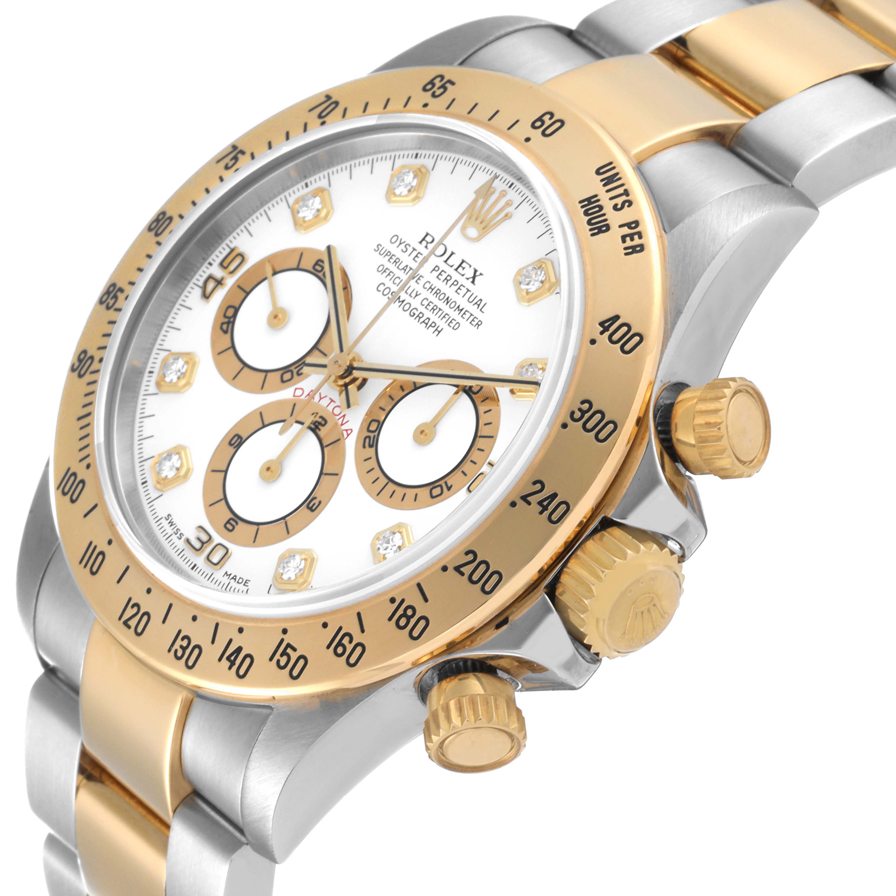 The image shows a close-up, angled view of the face, bezel, and crown of a Rolex Daytona 16523 Men
s Steel and Gold (two tone) White Dial 16523 Men
s Steel and Gold (two tone) White Dial model watch.