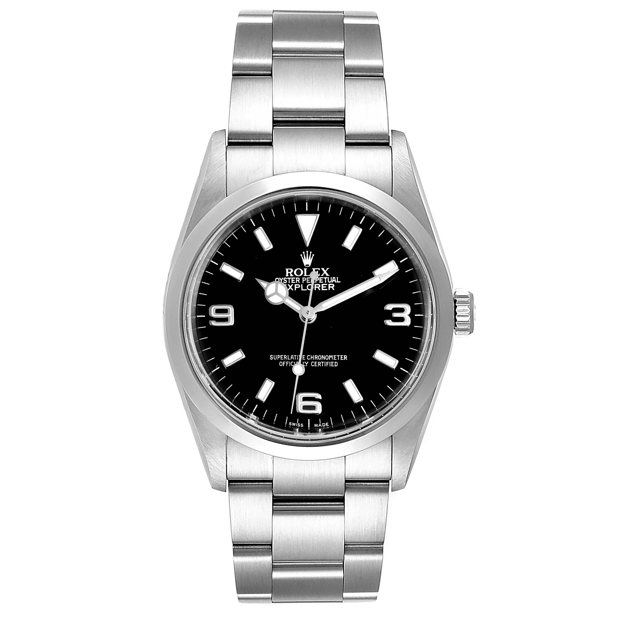 The image shows a front view of the Rolex Explorer 114270 Men
s Stainless Steel Black Dial 114270 Men
s Stainless Steel Black Dial watch, displaying its dial, case, and bracelet.
