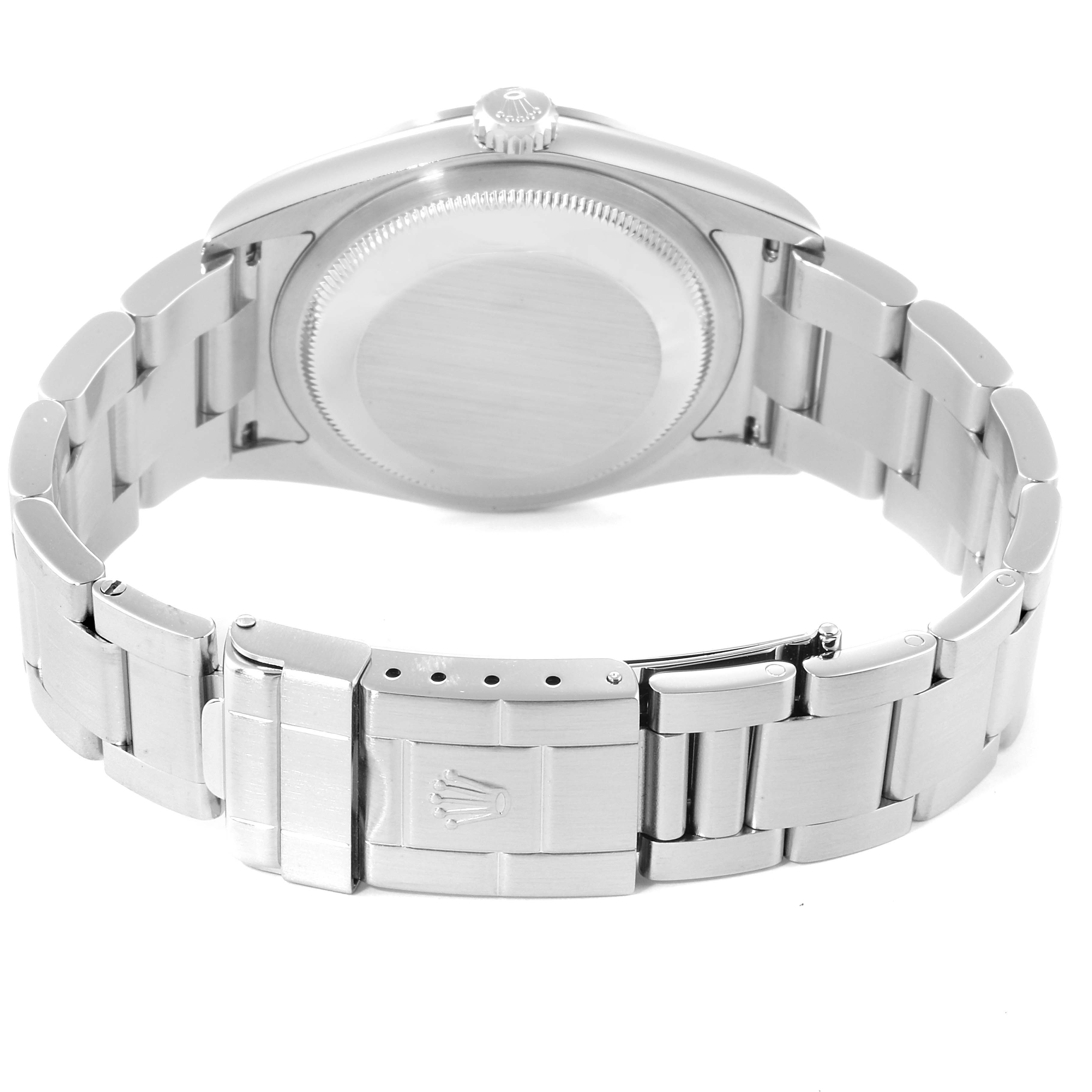 The image shows the back and bracelet of a Rolex Explorer 114270 Men
s Stainless Steel Black Dial 114270 Men
s Stainless Steel Black Dial watch, highlighting the clasp and the crown icon.