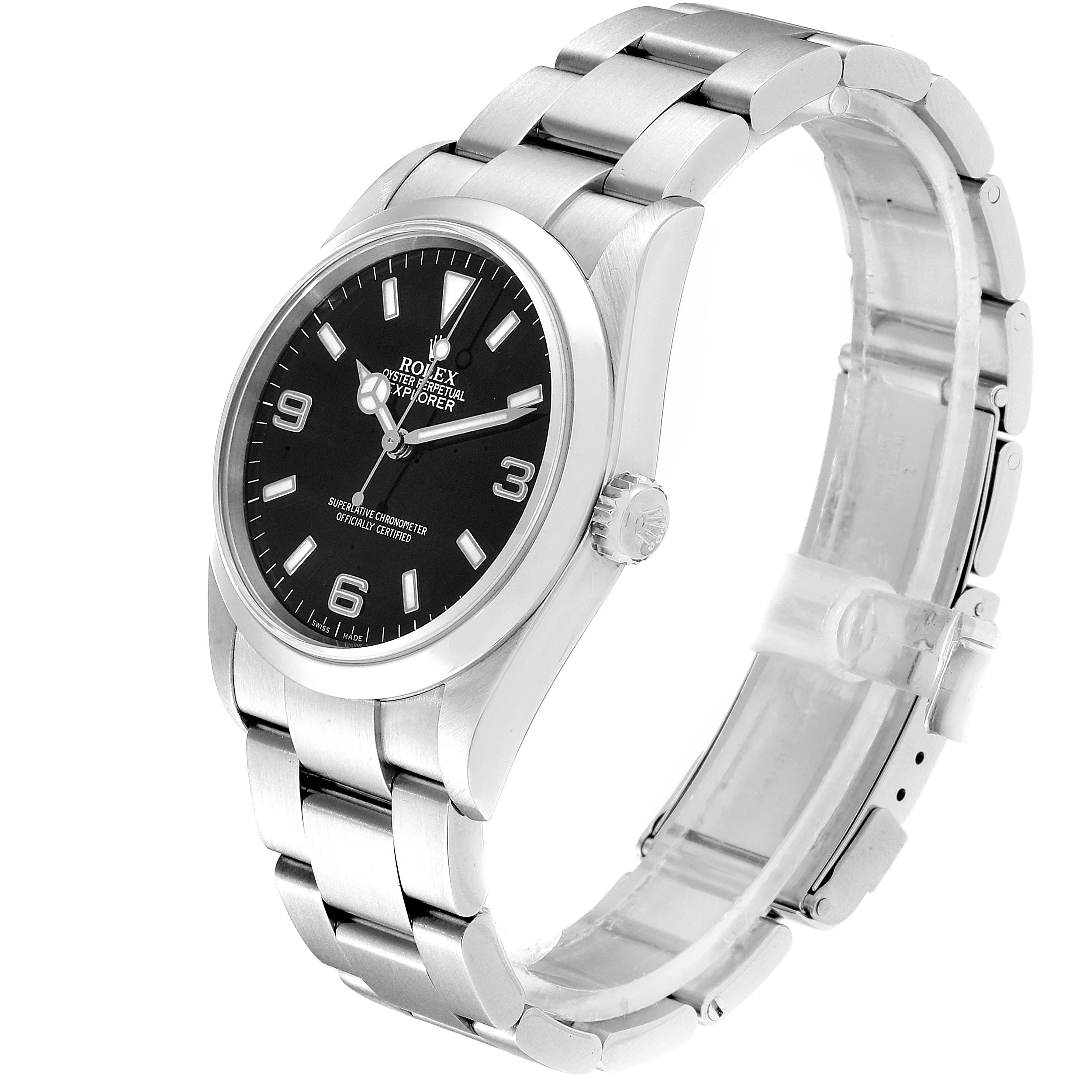 The Rolex Explorer 114270 Men
s Stainless Steel Black Dial 114270 Men
s Stainless Steel Black Dial watch is shown at a 3 o
clock angle highlighting the dial, bracelet, bezel, and crown.