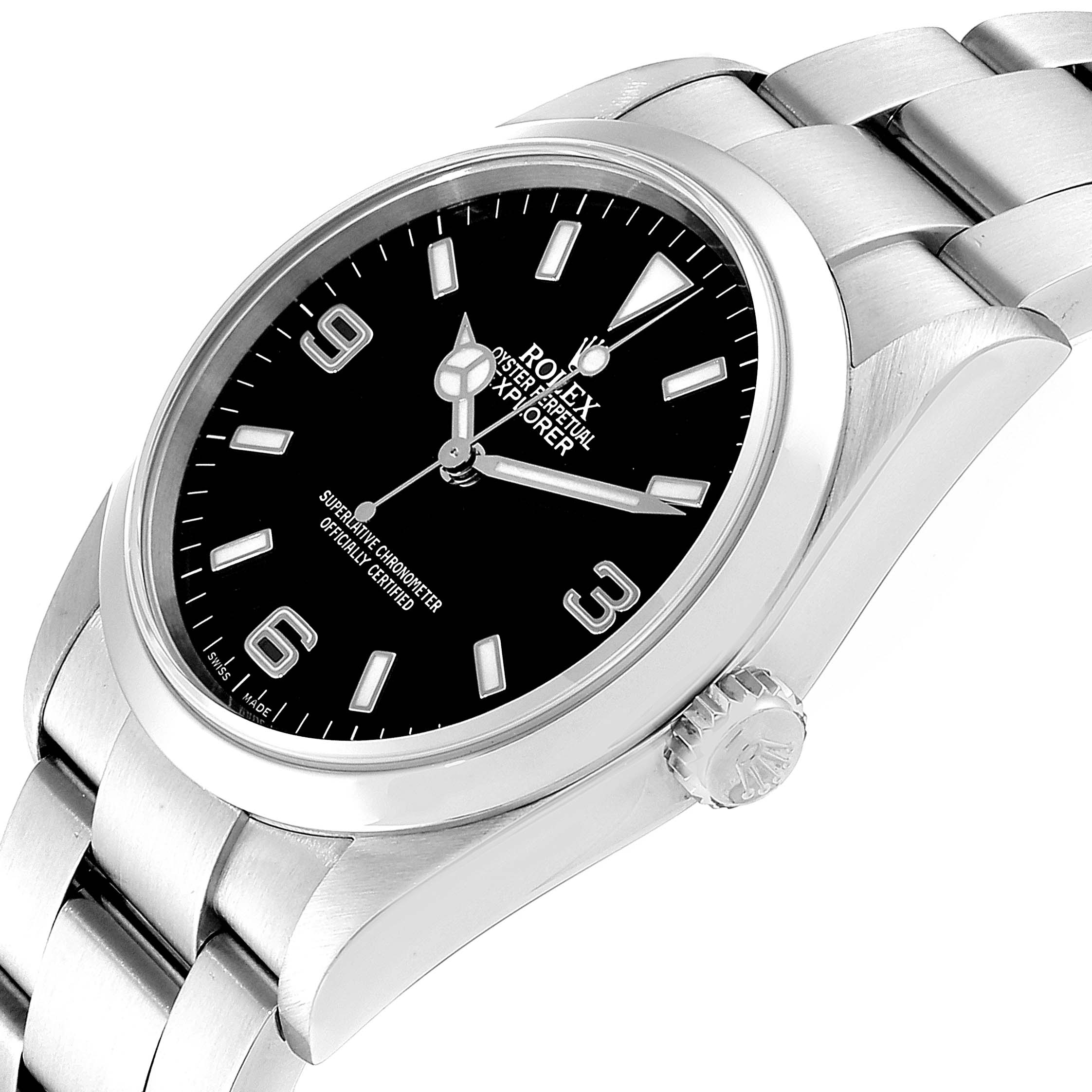 The image shows a Rolex Explorer 114270 Men
s Stainless Steel Black Dial 114270 Men
s Stainless Steel Black Dial model from a tilted angle, highlighting the black dial, crown, and part of the stainless steel bracelet.