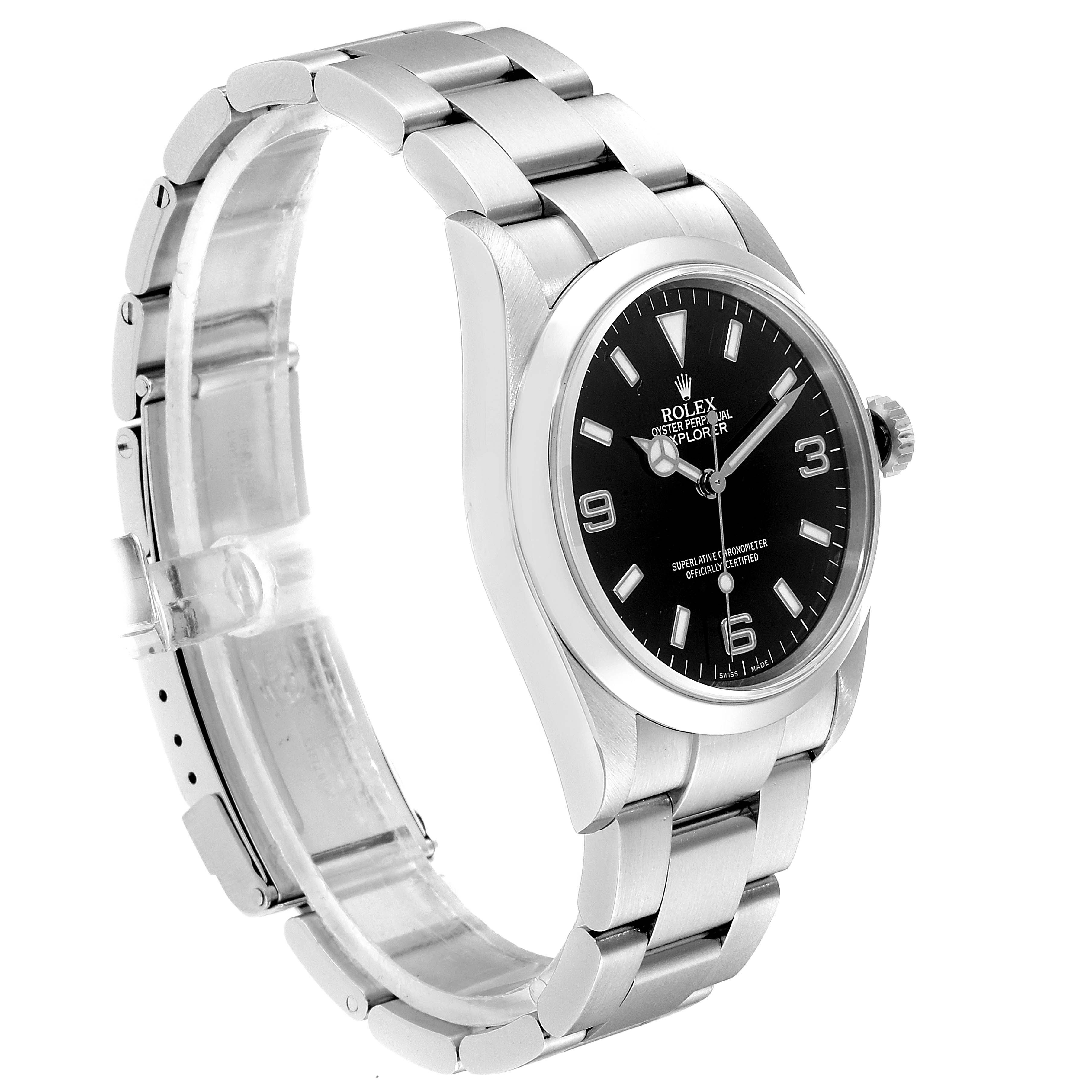 The image shows a side view of a Rolex Explorer 114270 Men
s Stainless Steel Black Dial 114270 Men
s Stainless Steel Black Dial watch, highlighting the face, bezel, and bracelet.