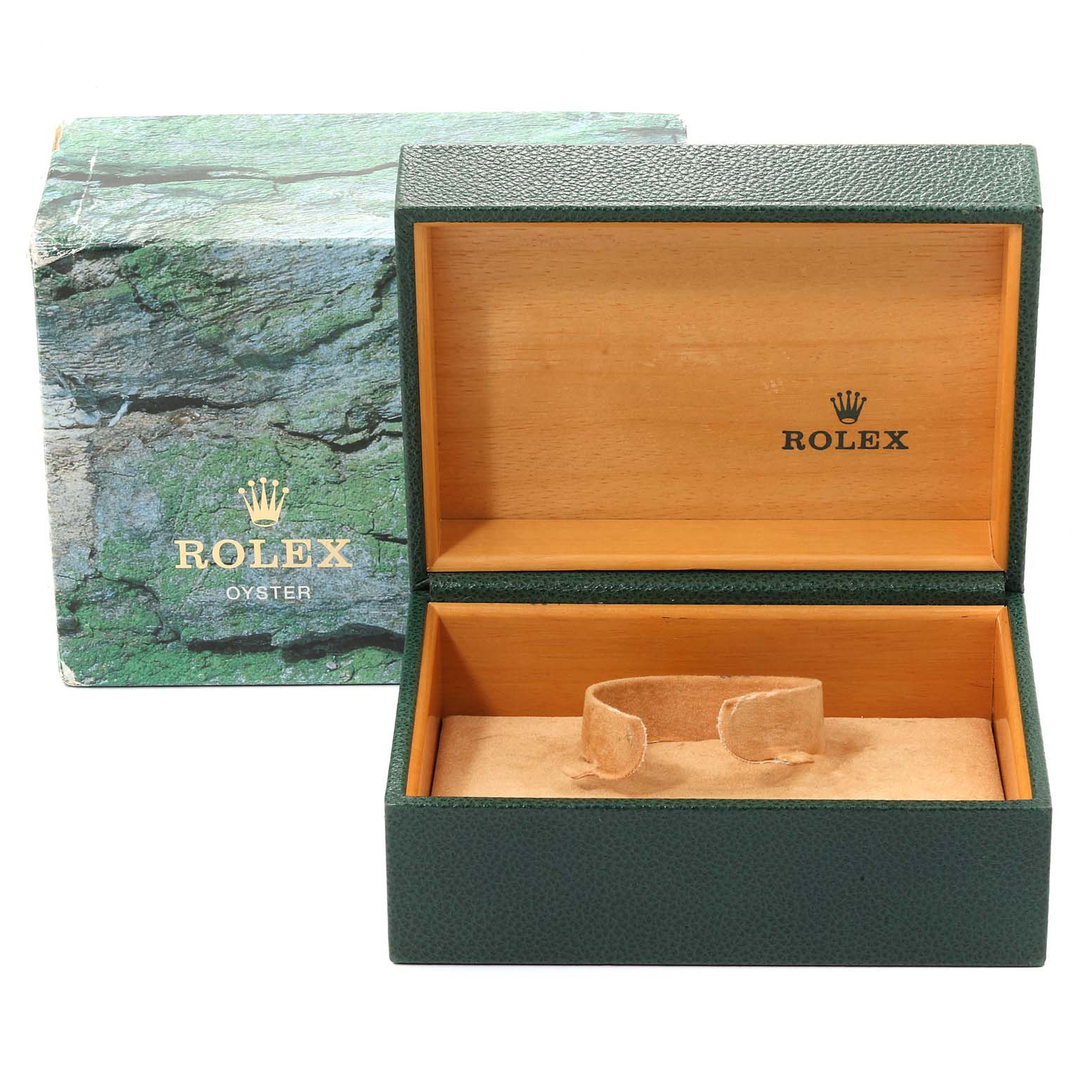 The image shows an opened Rolex Explorer 114270 Men
s Stainless Steel Black Dial 114270 Men
s Stainless Steel Black Dial watch box and its outer packaging.