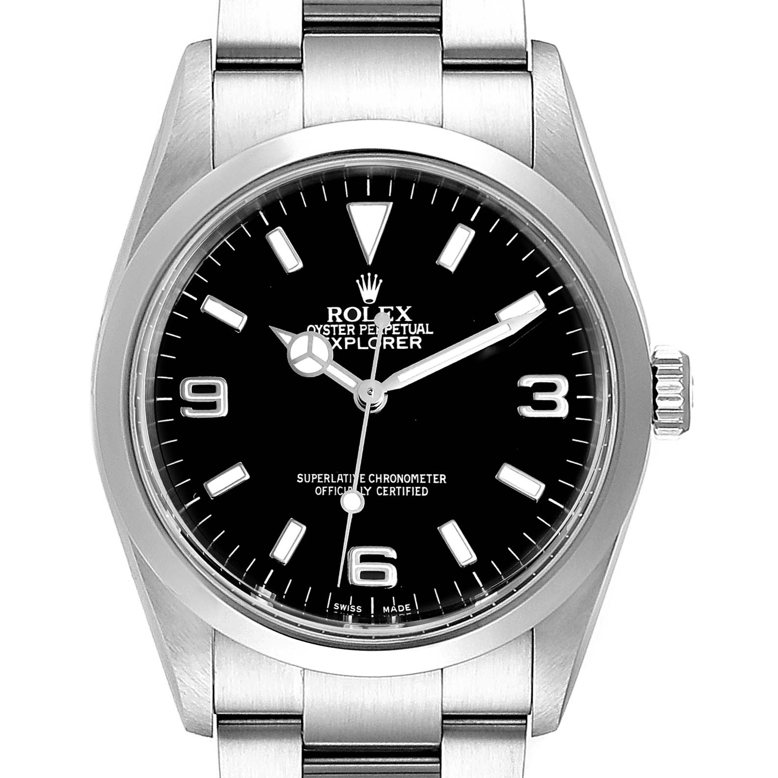 The image shows a frontal view of a Rolex Explorer 114270 Men
s Stainless Steel Black Dial 114270 Men
s Stainless Steel Black Dial watch, displaying the dial, hour markers, hands, and part of the bracelet.