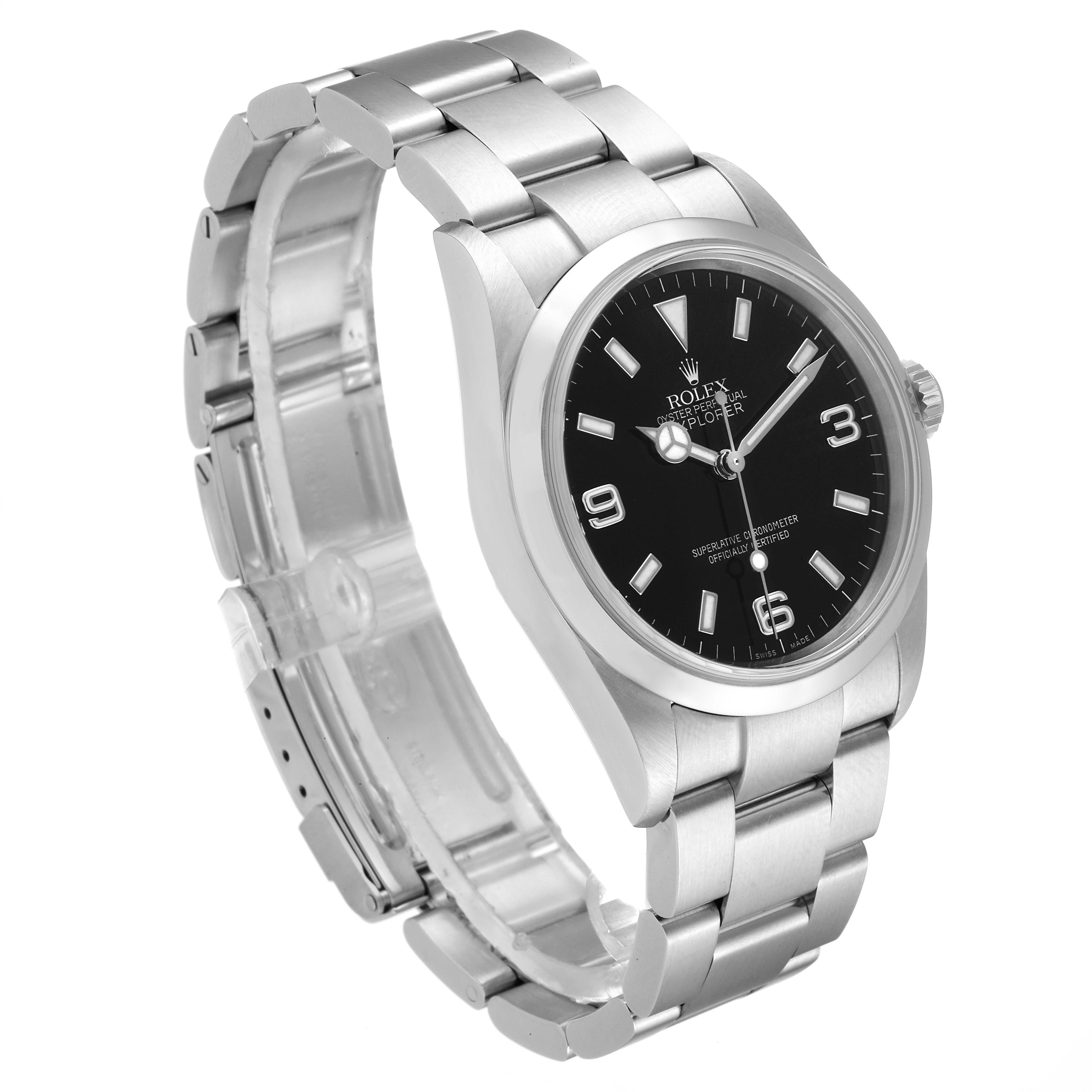 The image shows a Rolex Explorer 114270 Men's Stainless Steel Black Dial 114270 Men's Stainless Steel Black Dial watch angled from the front-left, displaying the dial, bezel, case, and bracelet.