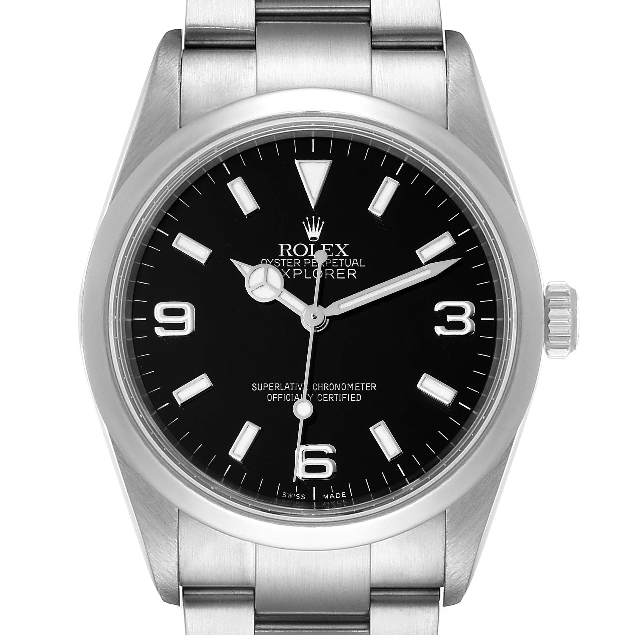 The image shows a front view of a Rolex Explorer 114270 Men's Stainless Steel Black Dial 114270 Men's Stainless Steel Black Dial watch, displaying the dial, hands, and part of the bracelet.