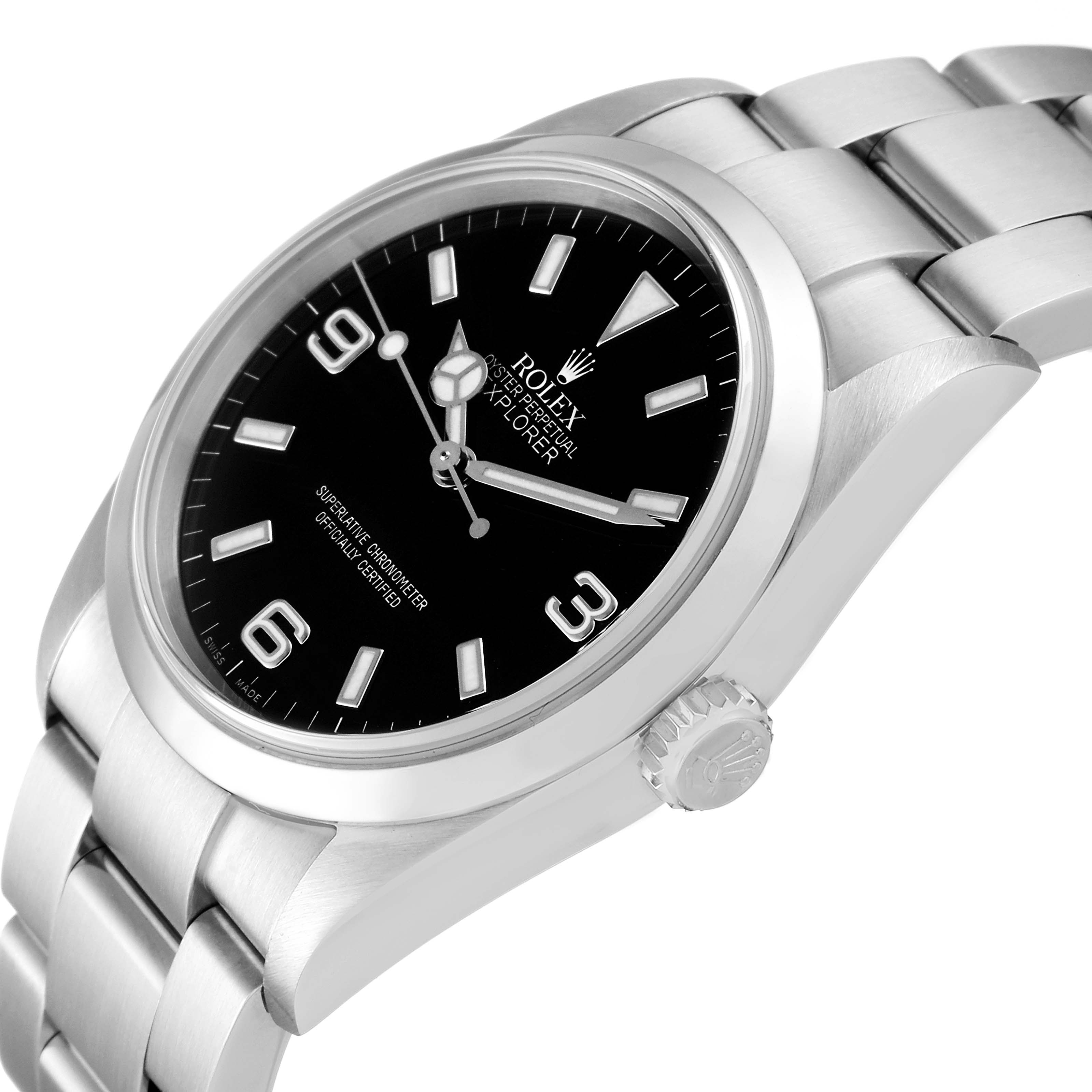 This image displays the Rolex Explorer 114270 Men's Stainless Steel Black Dial 114270 Men's Stainless Steel Black Dial model watch from an angled side view, highlighting the face, crown, and part of the band.
