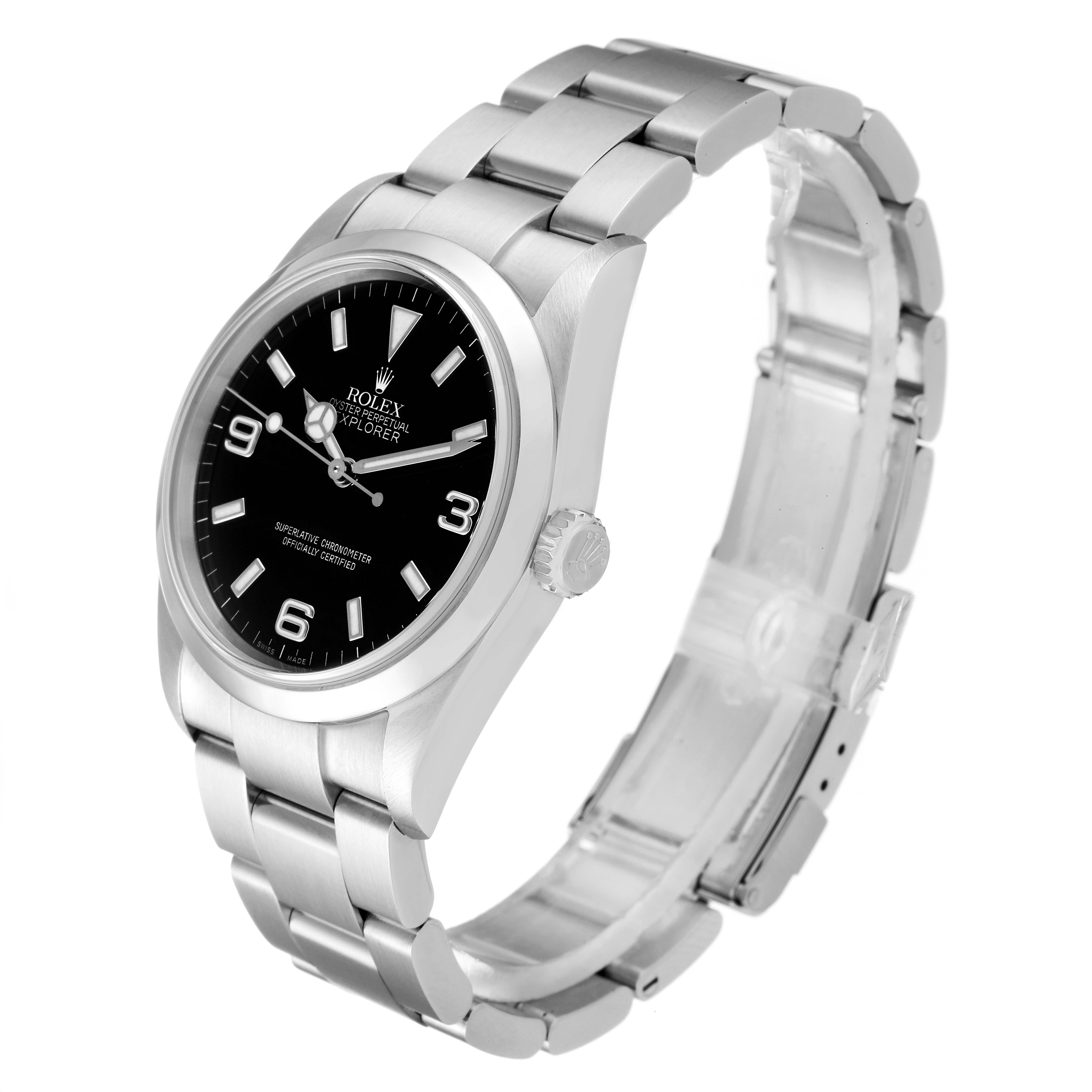 This image shows a side angle of the Rolex Explorer 114270 Men's Stainless Steel Black Dial 114270 Men's Stainless Steel Black Dial model, highlighting the dial, bezel, bracelet, and crown.