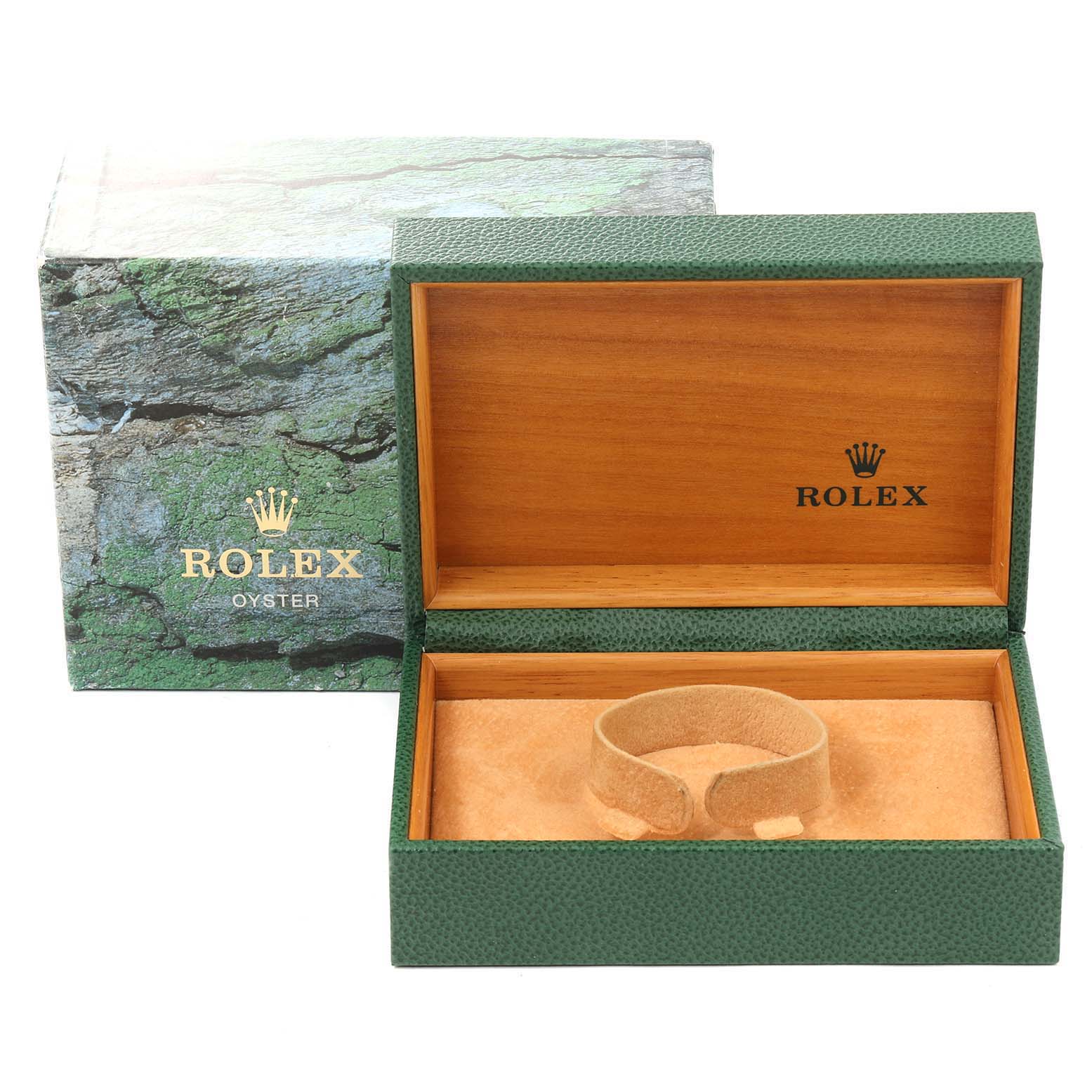 The image shows an open Rolex Explorer 114270 Men's Stainless Steel Black Dial 114270 Men's Stainless Steel Black Dial watch box with a green exterior and wood interior, displaying the stand for the watch.