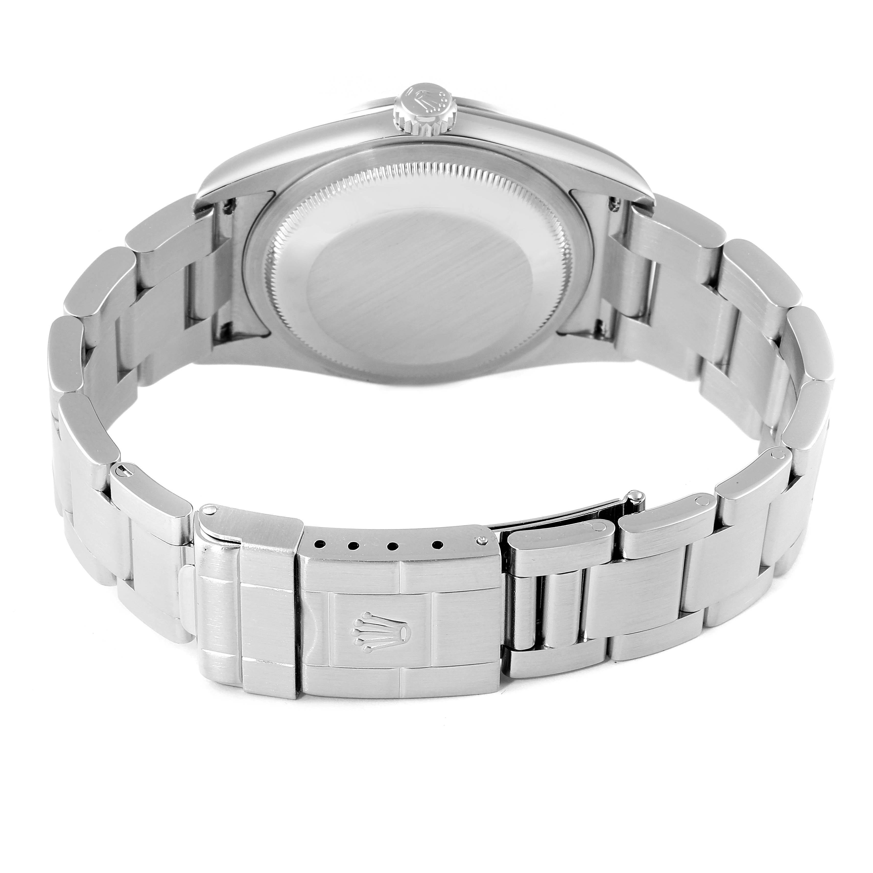 The image shows the back of a Rolex Explorer 114270 Men's Stainless Steel Black Dial 114270 Men's Stainless Steel Black Dial watch, highlighting its case back, crown, and metal bracelet with clasp.