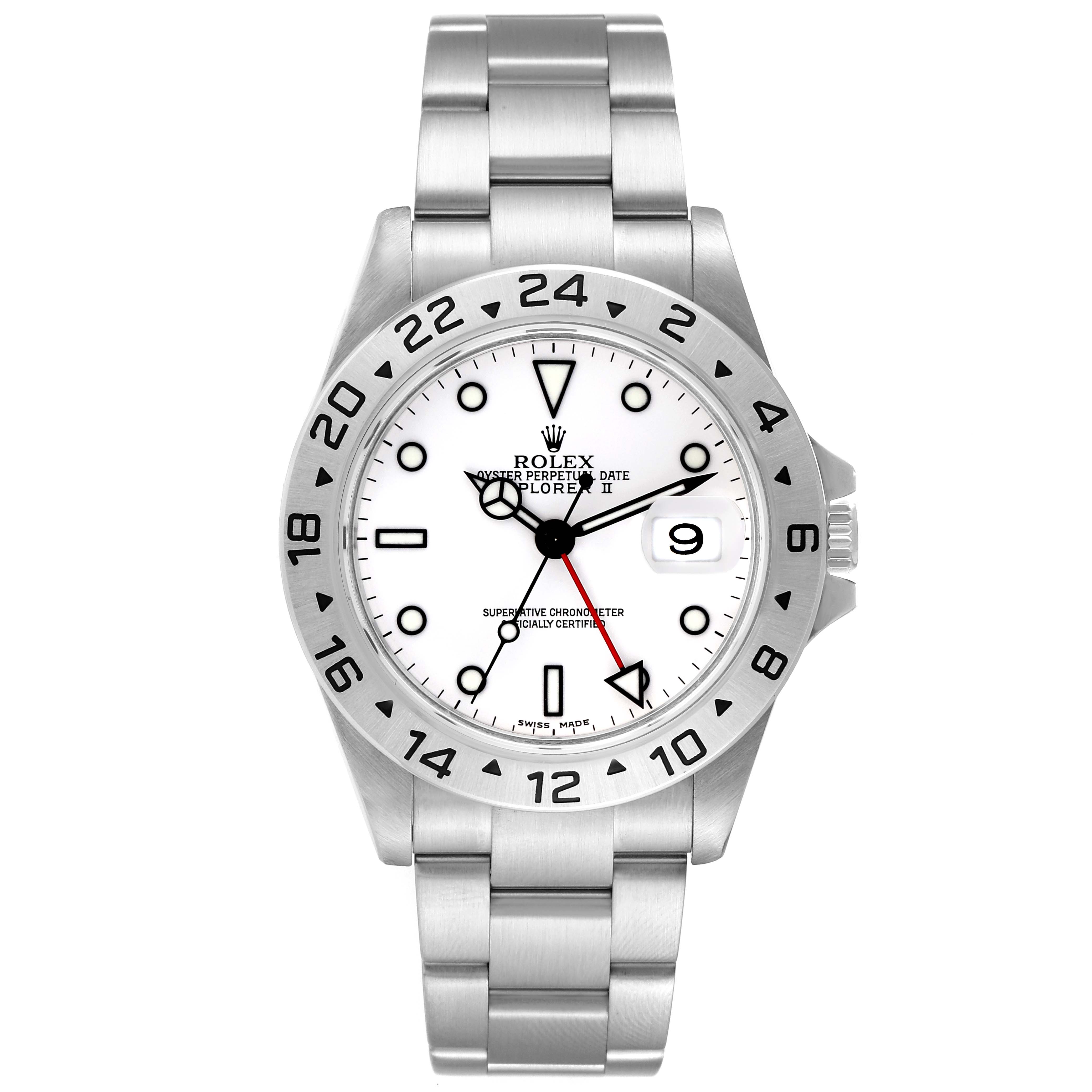 The image shows a front view of the Rolex Explorer 16570 Men
s Stainless Steel White Dial 16570 Men
s Stainless Steel White Dial watch, displaying its dial, bezel, bracelet, and crown.