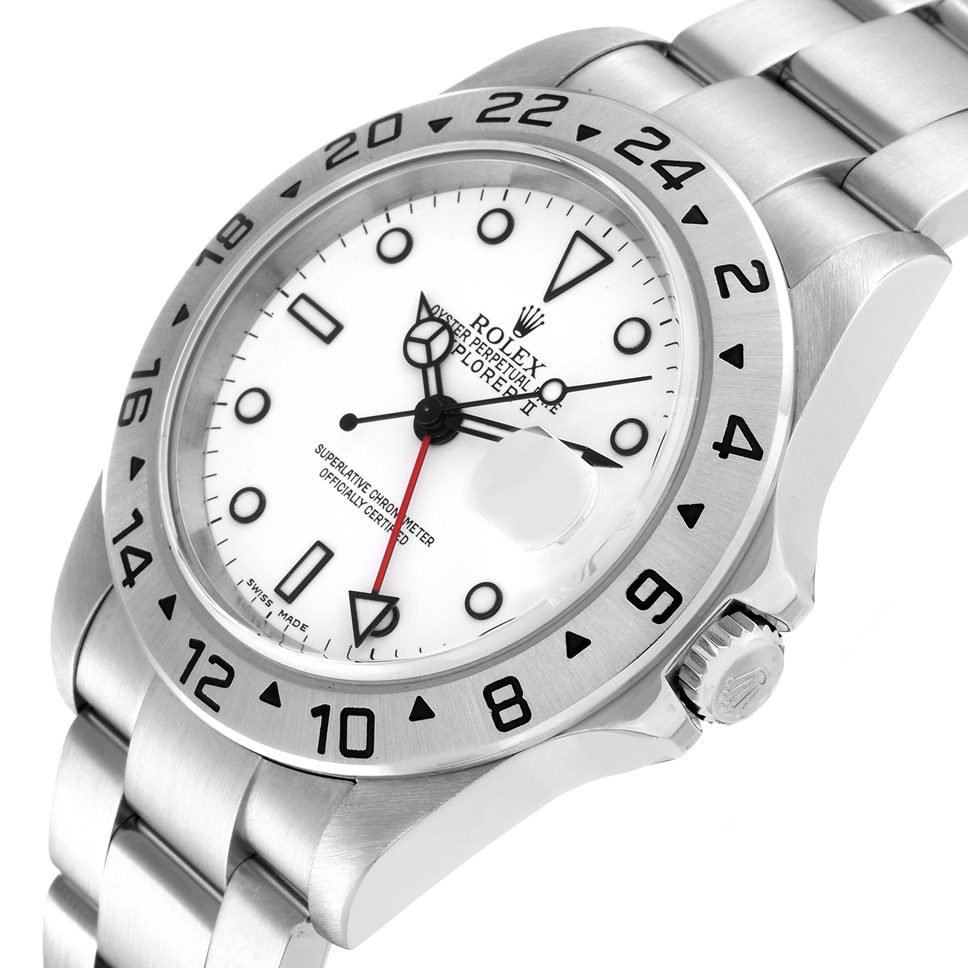 This image shows a Rolex Explorer 16570 Men
s Stainless Steel White Dial 16570 Men
s Stainless Steel White Dial watch from an angled side view, highlighting the bezel, dial, crown, and bracelet.