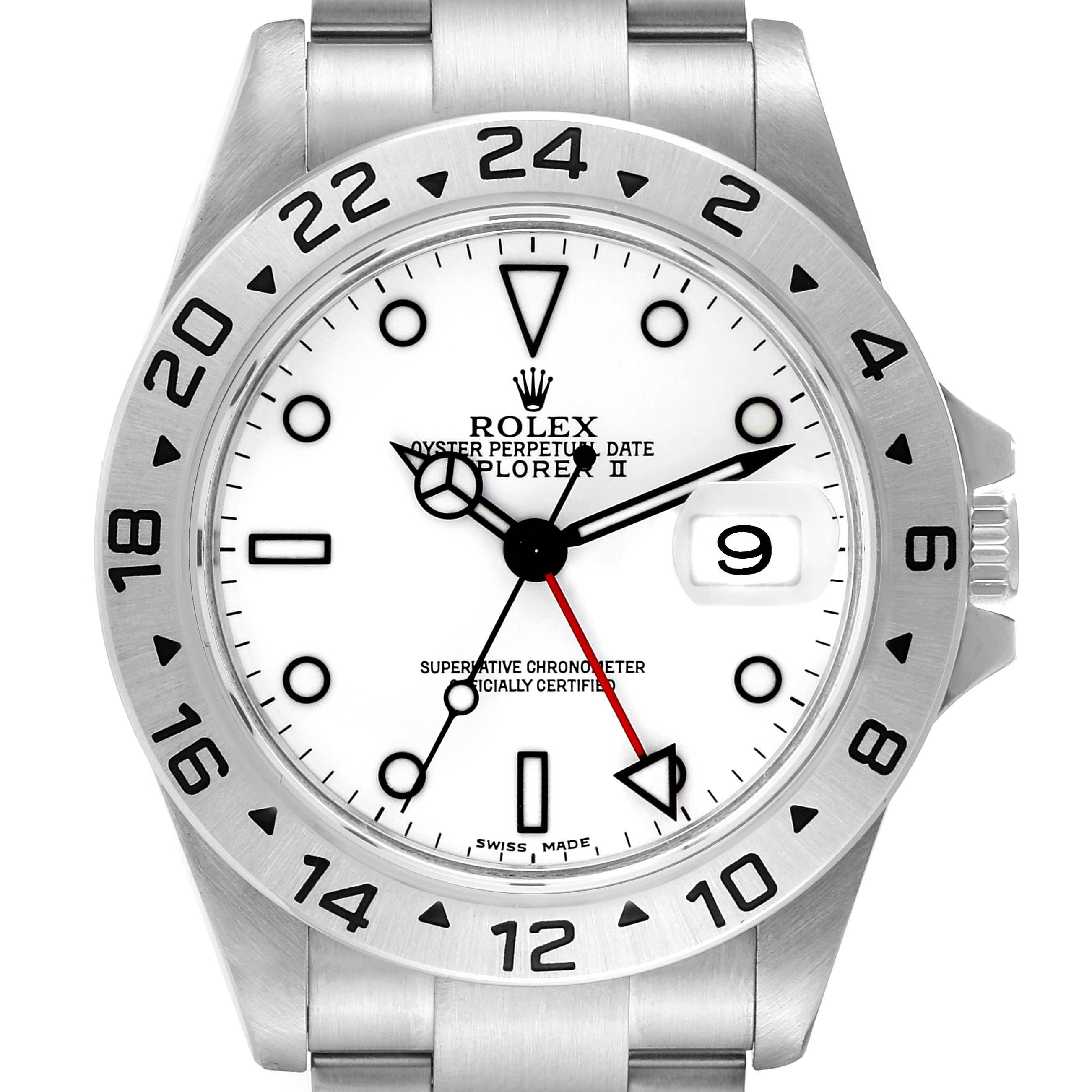 The image shows a front view of a Rolex Explorer 16570 Men
s Stainless Steel White Dial 16570 Men
s Stainless Steel White Dial watch, highlighting its white dial, date display, and stainless steel bezel.