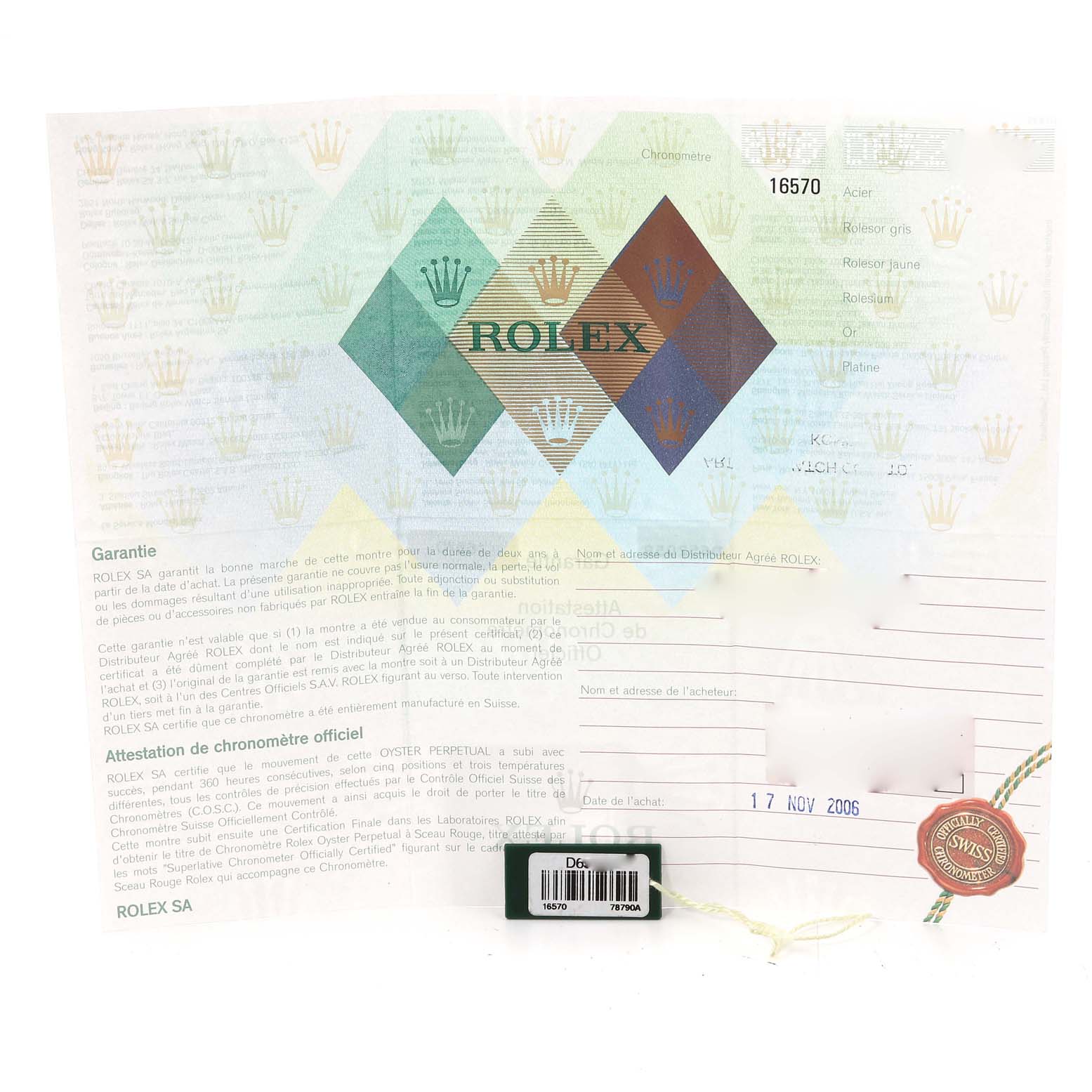 The image shows warranty papers and a tag for a Rolex Explorer 16570 Men
s Stainless Steel White Dial 16570 Men
s Stainless Steel White Dial model watch, dated 17 Nov 2006.