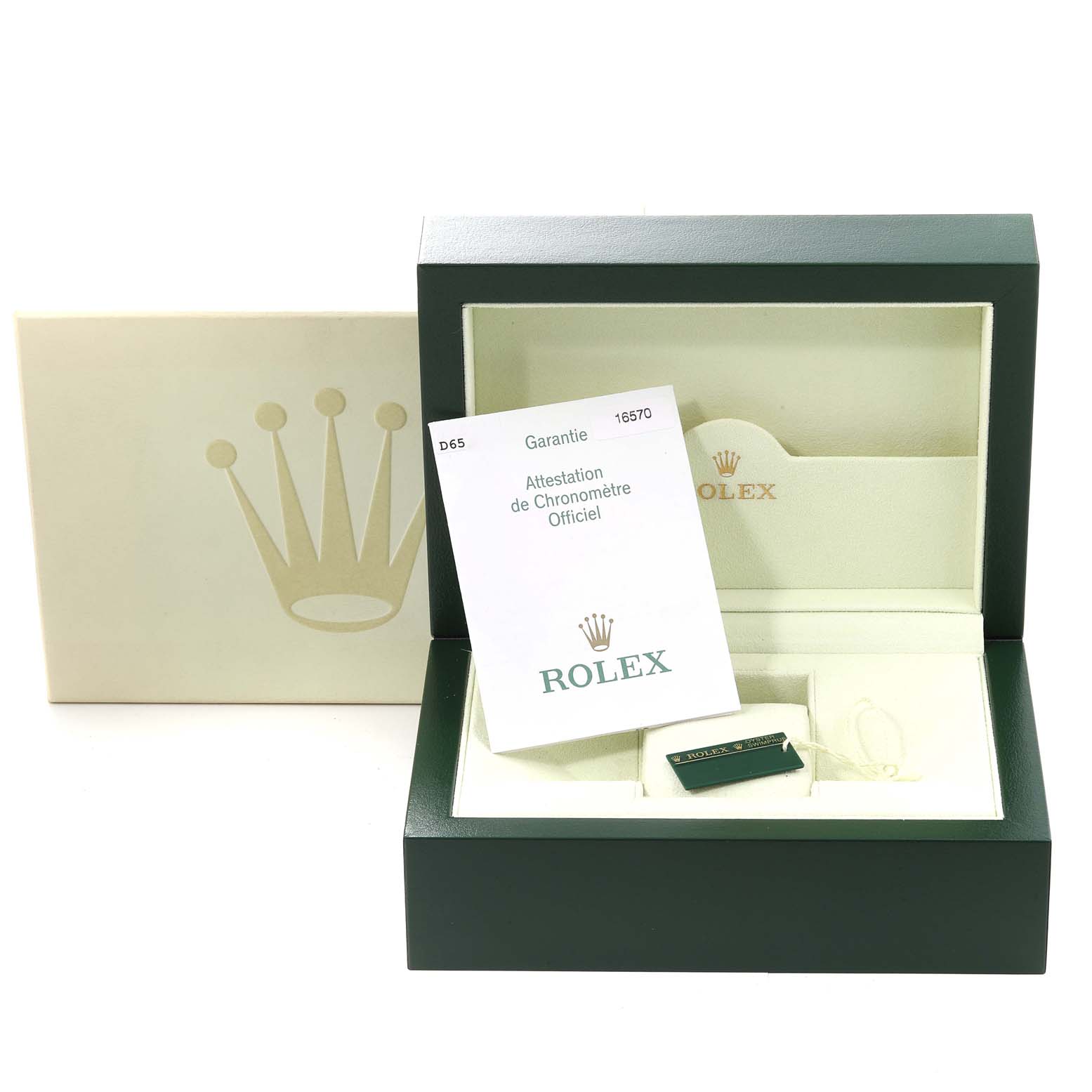 The image shows the open box and warranty card of a Rolex Explorer 16570 Men
s Stainless Steel White Dial 16570 Men
s Stainless Steel White Dial watch with the Rolex logo visible.