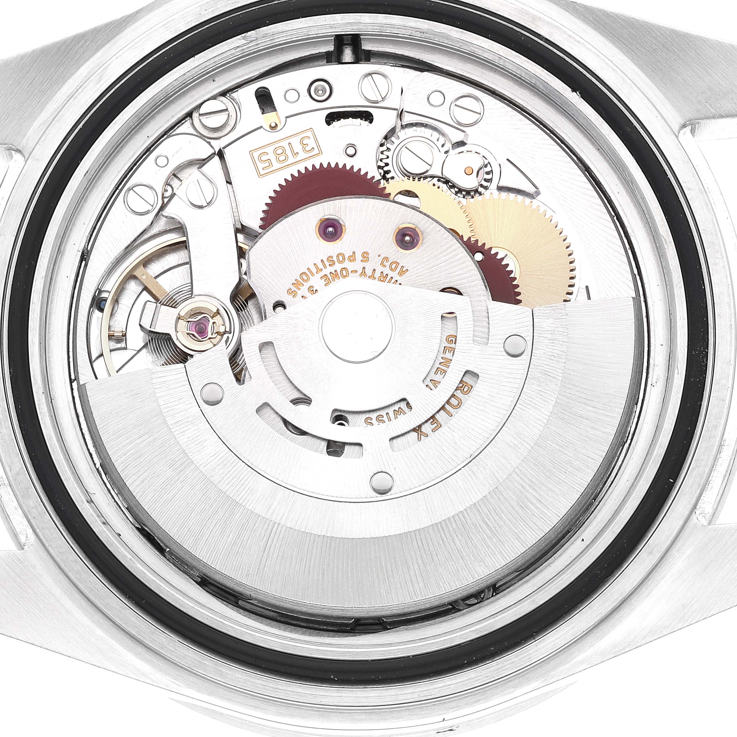 This image shows the internal movement and mechanical parts of the Rolex Explorer 16570 Men
s Stainless Steel White Dial 16570 Men
s Stainless Steel White Dial watch, viewed from the case back.