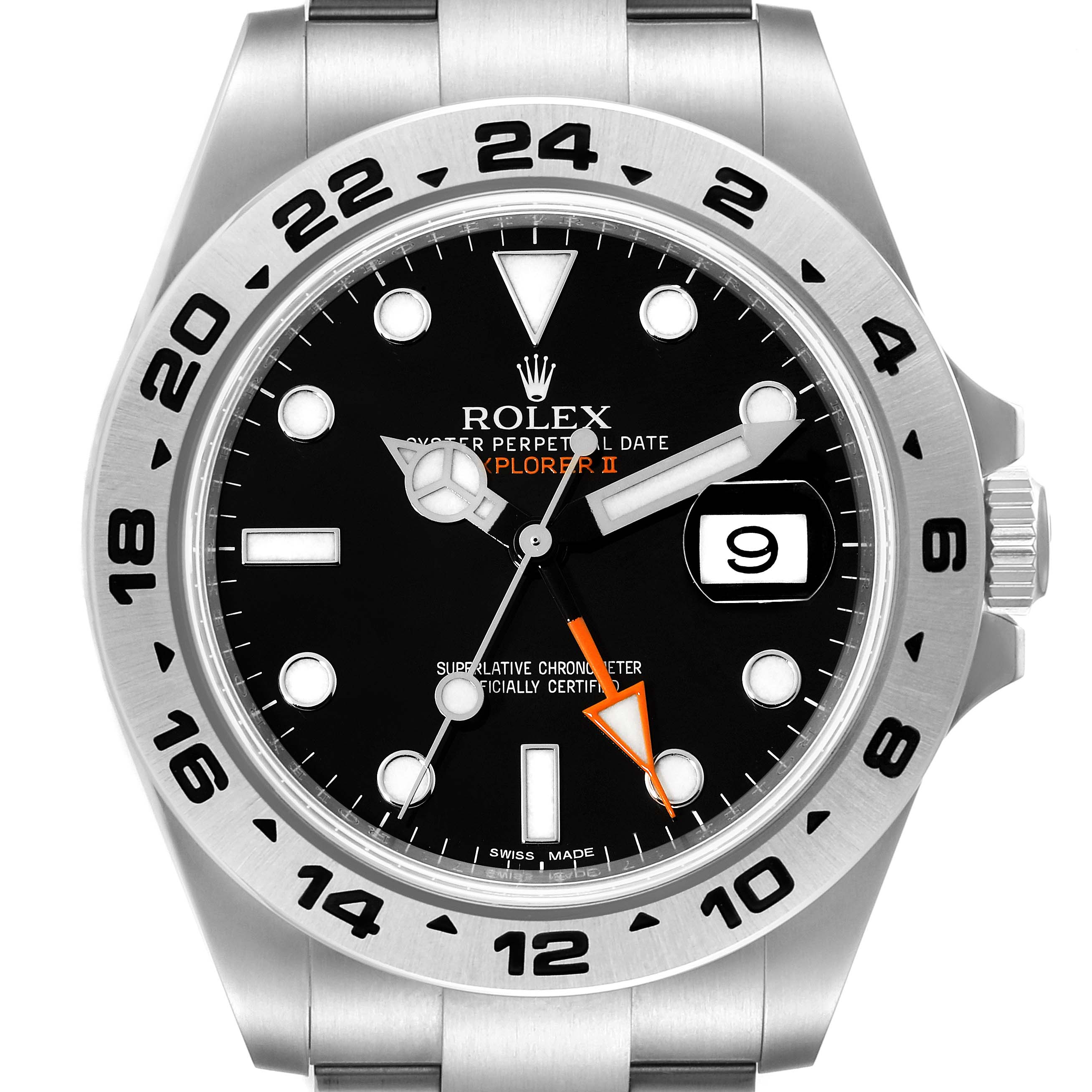 The image shows a close-up, front view of the face and bezel of a Rolex Explorer 216570 Men
s Stainless Steel Black Dial 216570 Men
s Stainless Steel Black Dial watch.