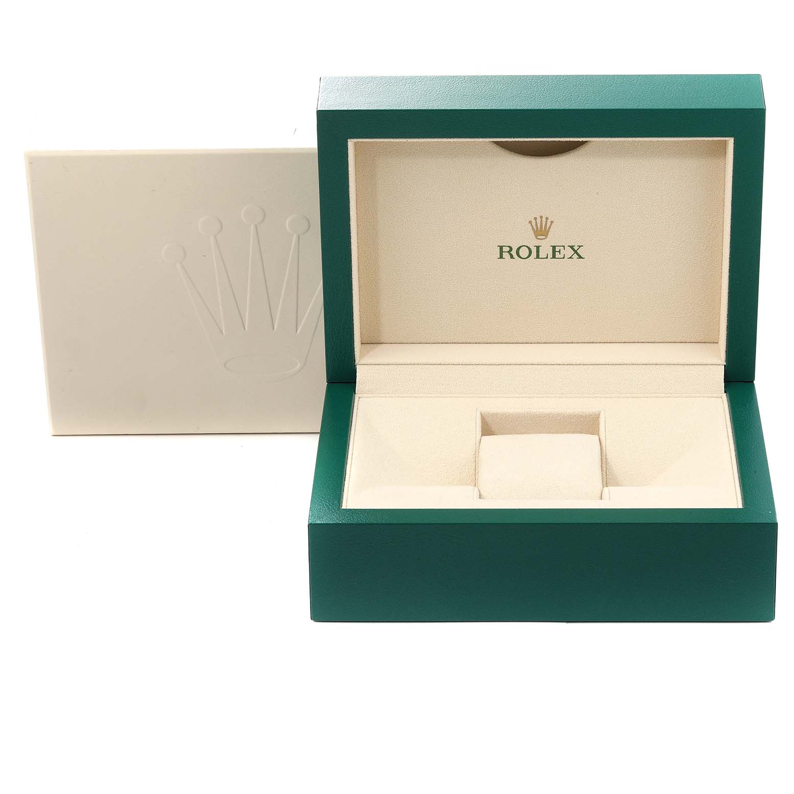 The image shows an open green and beige Rolex box and a white outer sleeve designed for the Explorer model.