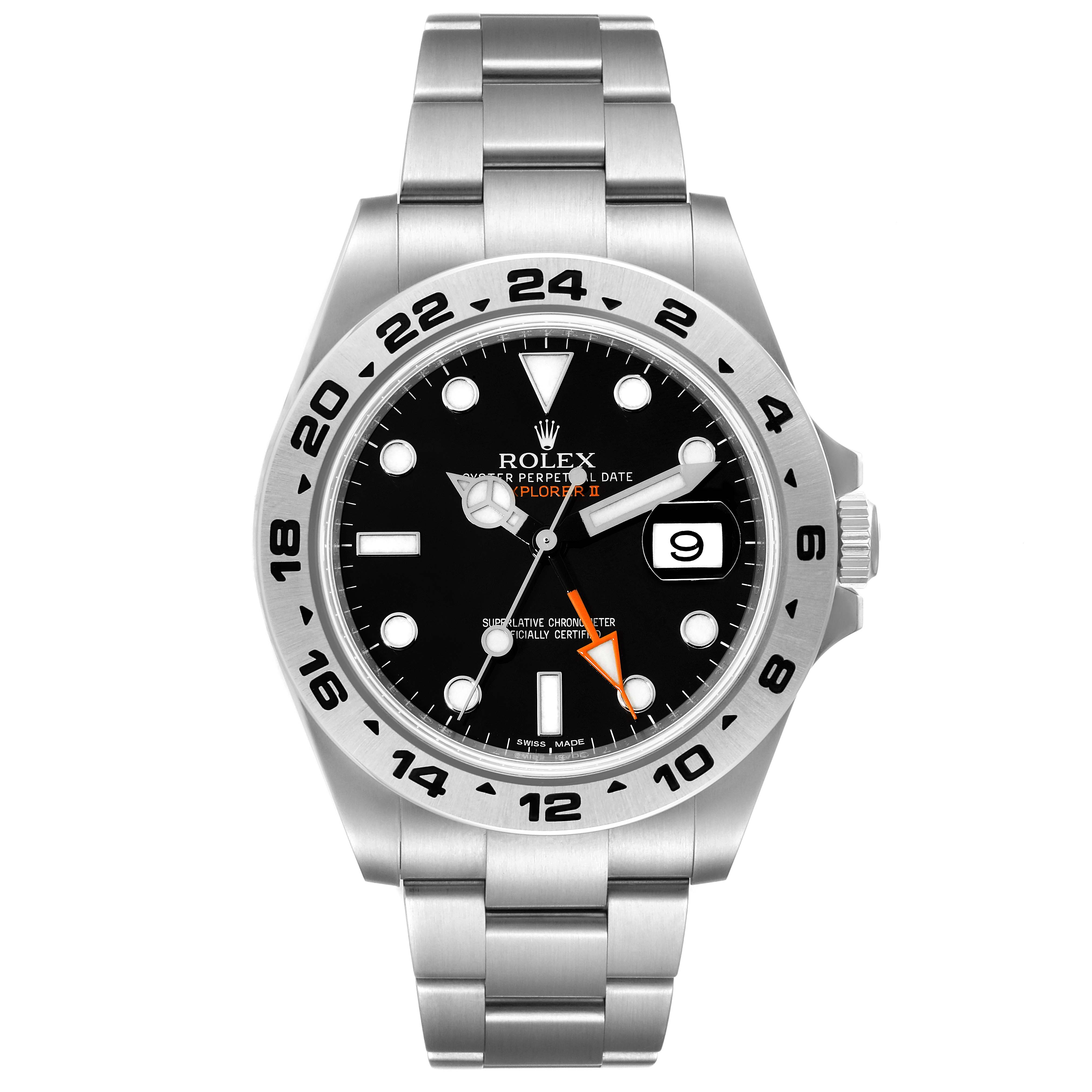 The image shows a frontal view of the Rolex Explorer 216570 Men
s Stainless Steel Black Dial 216570 Men
s Stainless Steel Black Dial watch, highlighting its black dial, date window, and stainless steel bracelet.