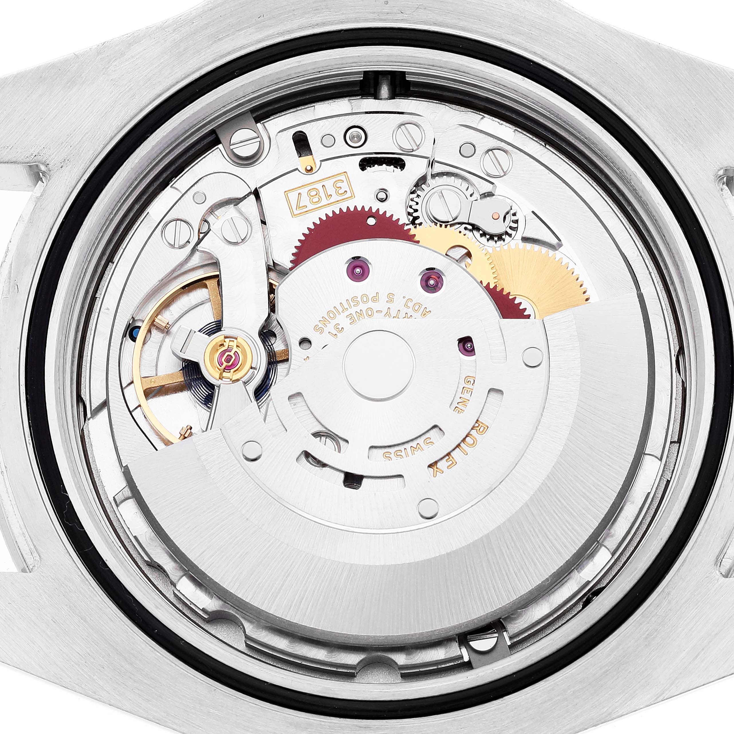 The image shows the inner mechanical movement of a Rolex Explorer 216570 Men
s Stainless Steel Black Dial 216570 Men
s Stainless Steel Black Dial watch from a top-down angle.