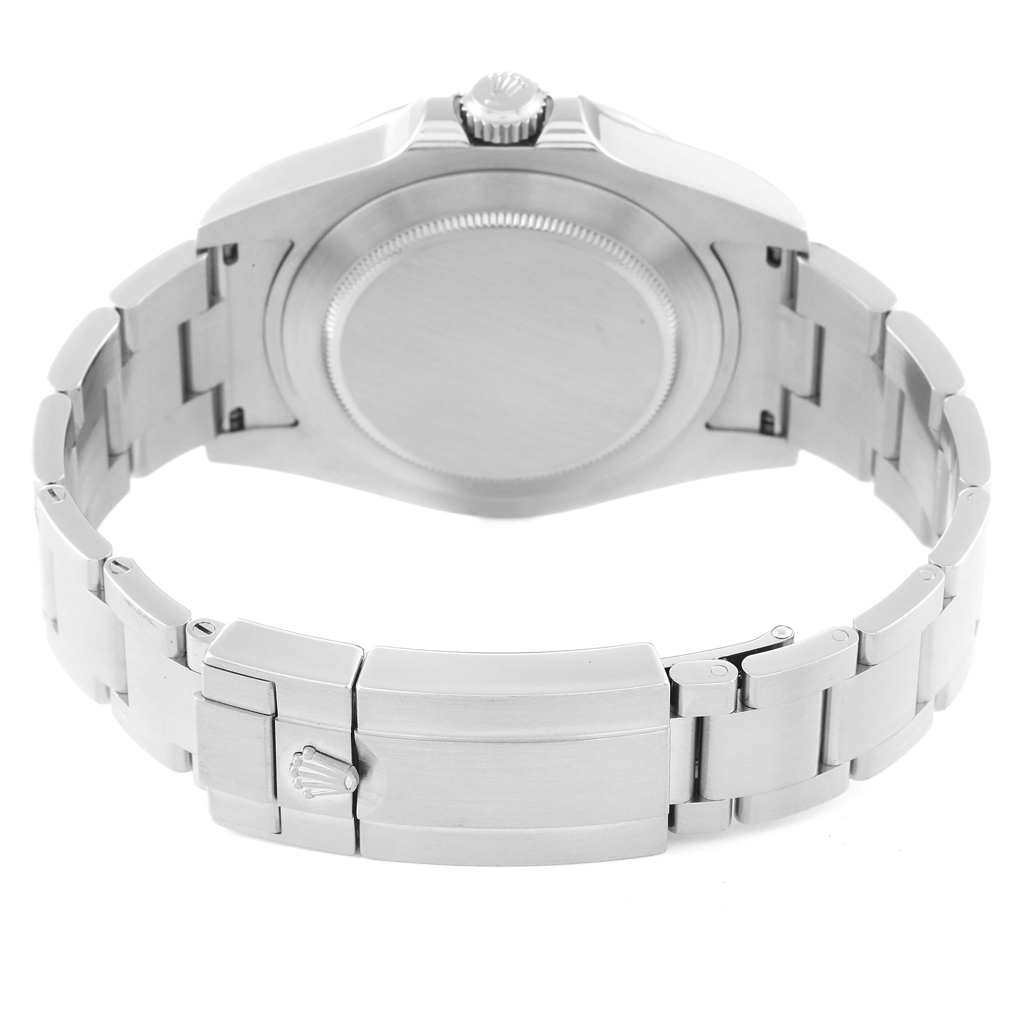 This image shows the back of a Rolex Explorer 216570 Men
s Stainless Steel Black Dial 216570 Men
s Stainless Steel Black Dial watch, highlighting its case, bracelet, and clasp.