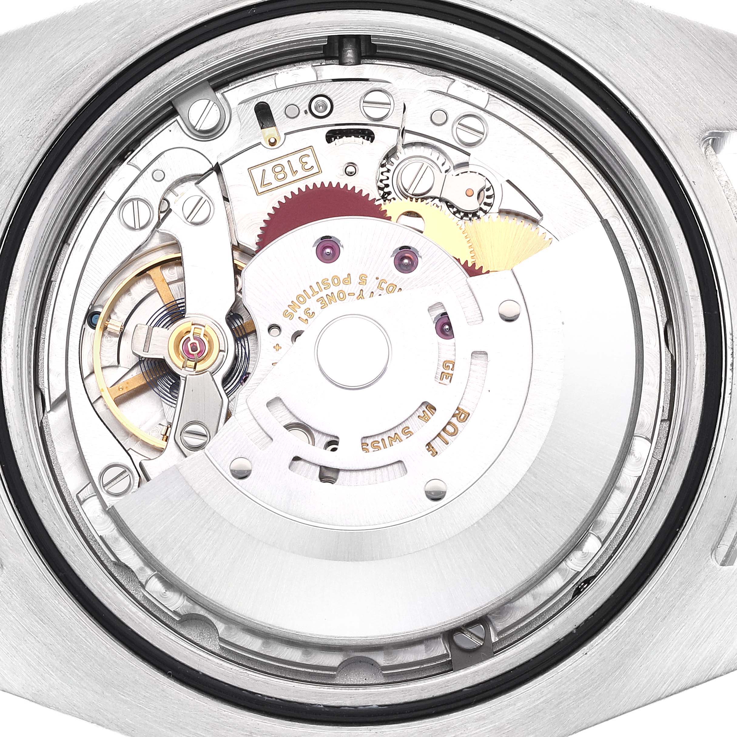 The image shows the internal movement mechanisms of a Rolex Explorer 216570 Men
s Stainless Steel Black Dial 216570 Men
s Stainless Steel Black Dial watch at a close-up angle.