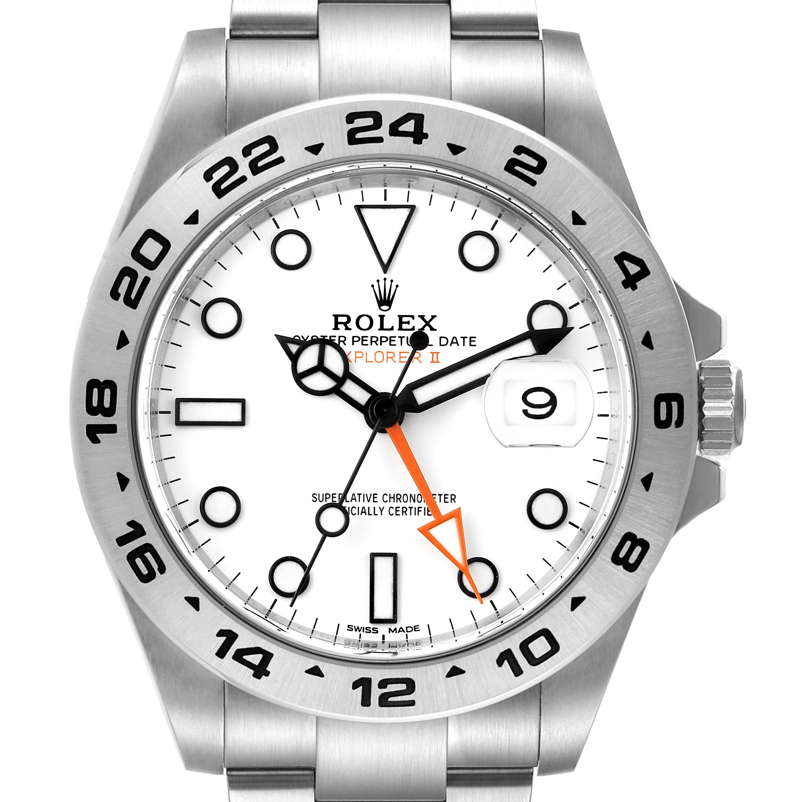 The image shows a front view of the Rolex Explorer 216570 Men's Stainless Steel White Dial 216570 Men's Stainless Steel White Dial watch, displaying the dial, bezel, crown, and part of the bracelet.