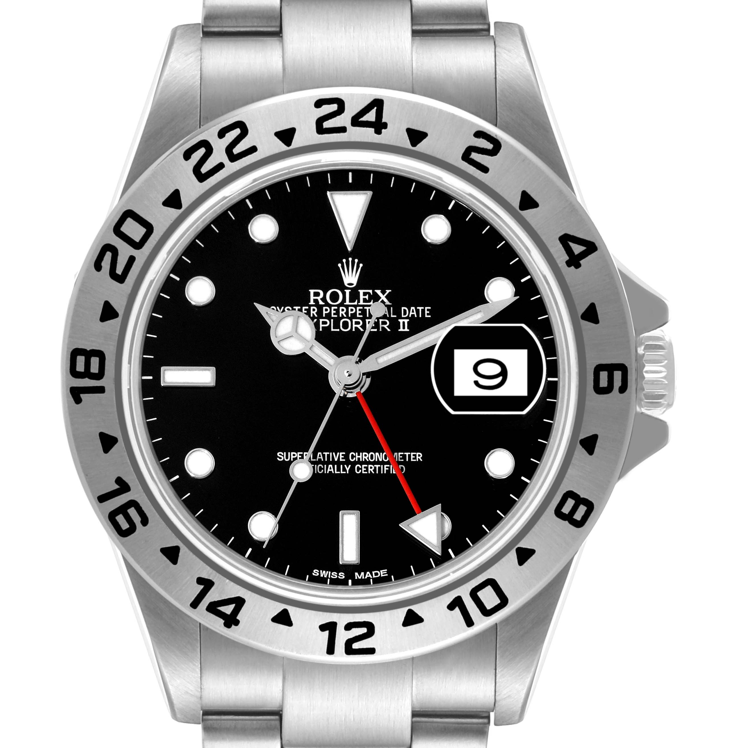 The image shows a front view of a Rolex Explorer 16570 Men
s Stainless Steel Black Dial 16570 Men
s Stainless Steel Black Dial watch, highlighting the black dial, bezel, hands, and date window.