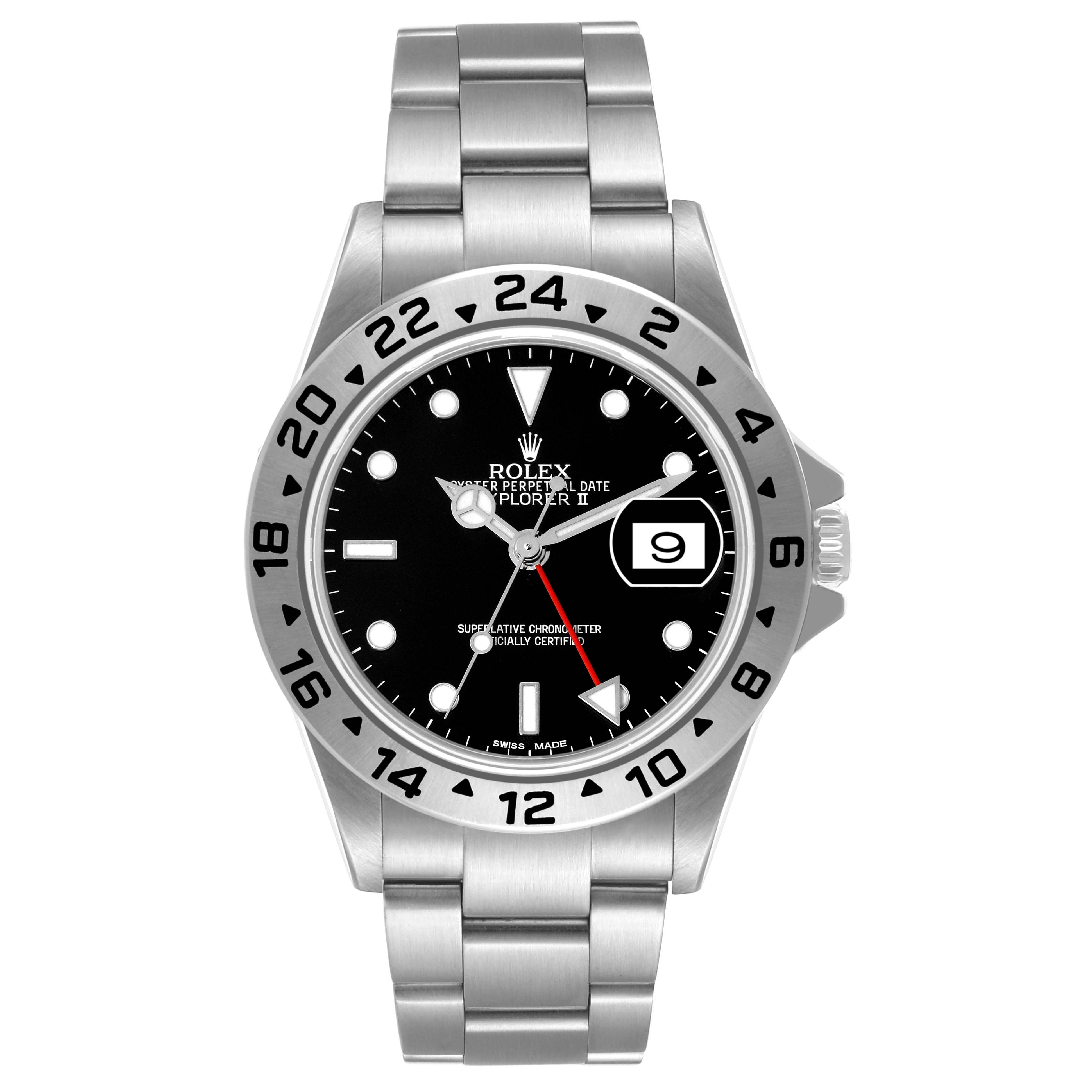This image shows a front angle of the Rolex Explorer 16570 Men
s Stainless Steel Black Dial 16570 Men
s Stainless Steel Black Dial watch, highlighting the dial, bezel, and bracelet.