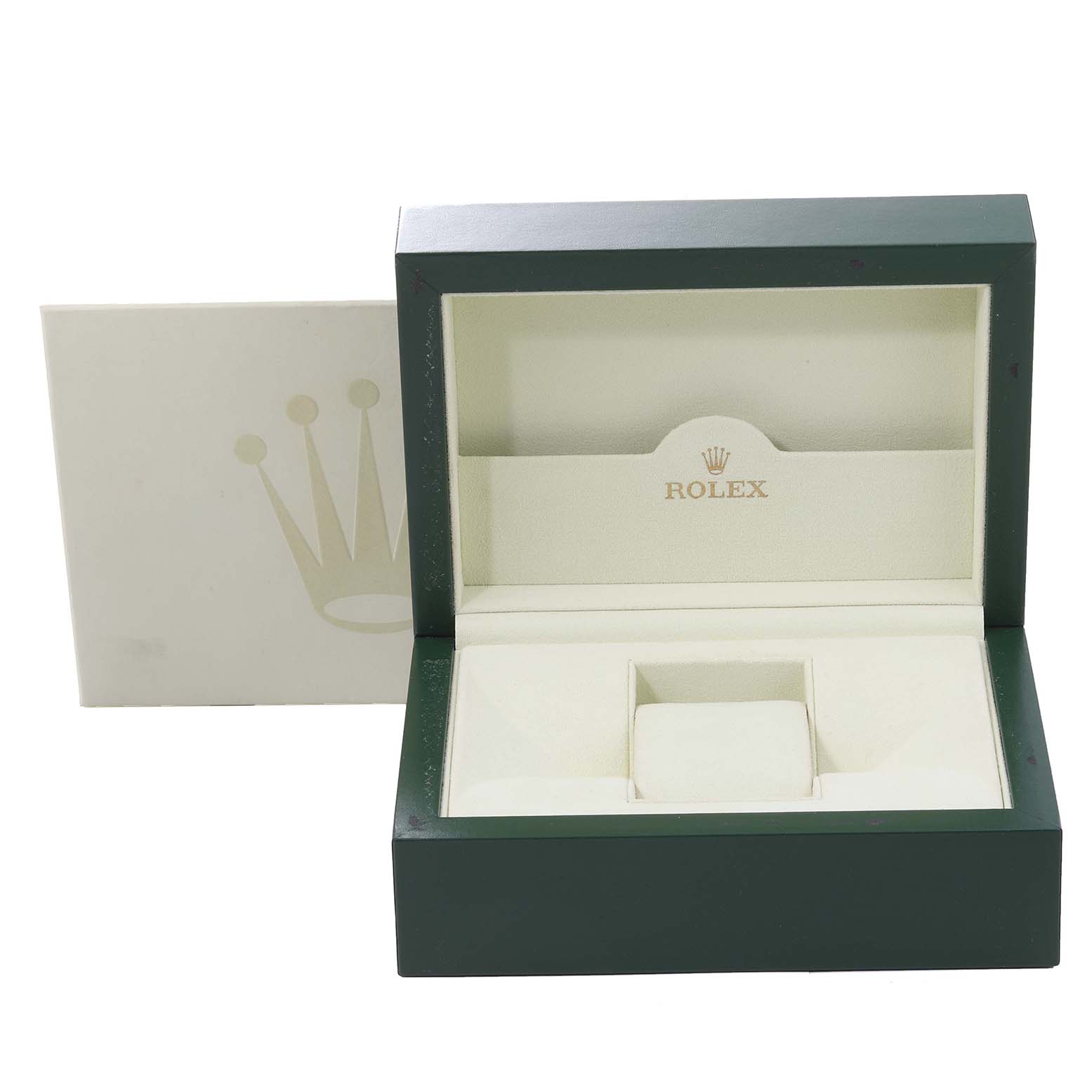 This image shows the open box and packaging for the Rolex Explorer 16570 Men
s Stainless Steel Black Dial 16570 Men
s Stainless Steel Black Dial model watch.