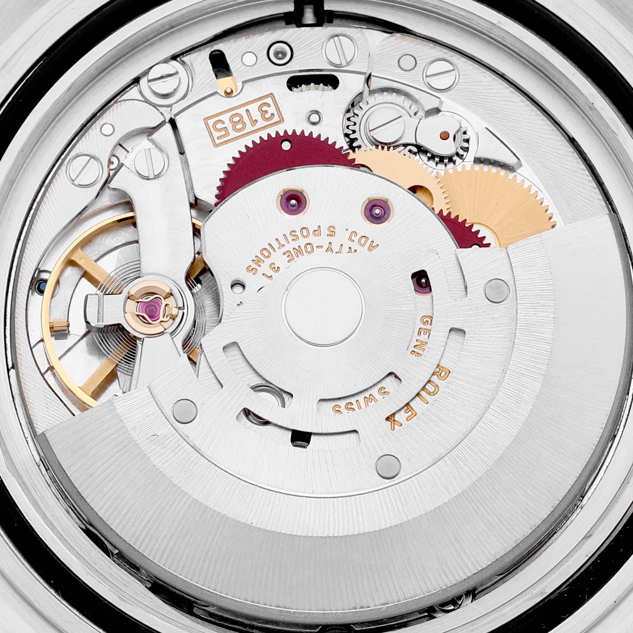 This image shows a close-up view of the movement inside a Rolex Explorer 16570 Men
s Stainless Steel Black Dial 16570 Men
s Stainless Steel Black Dial watch.