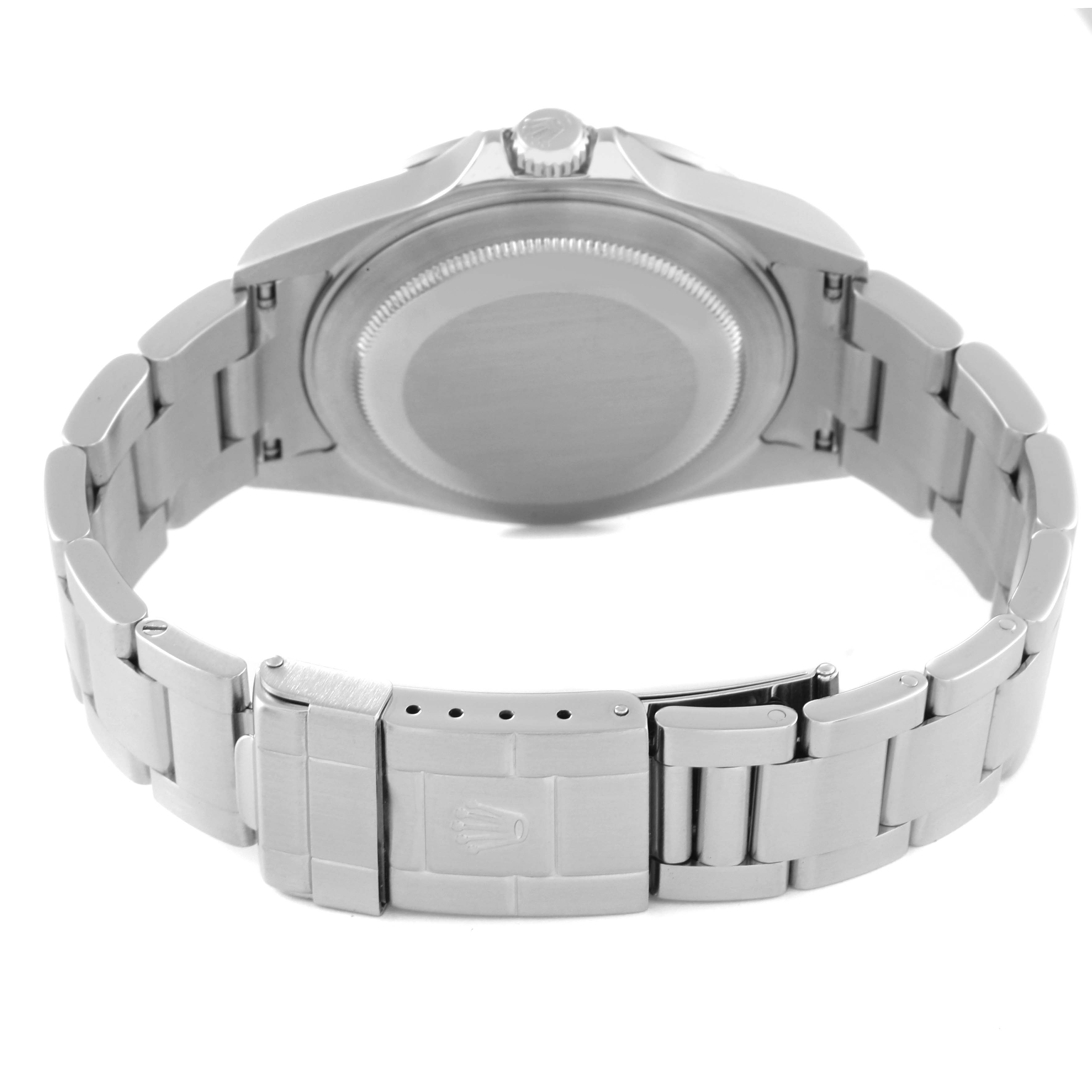 The image shows the back angle of a Rolex Explorer 16570 Men
s Stainless Steel Black Dial 16570 Men
s Stainless Steel Black Dial watch highlighting its case back, crown, and bracelet with clasp.