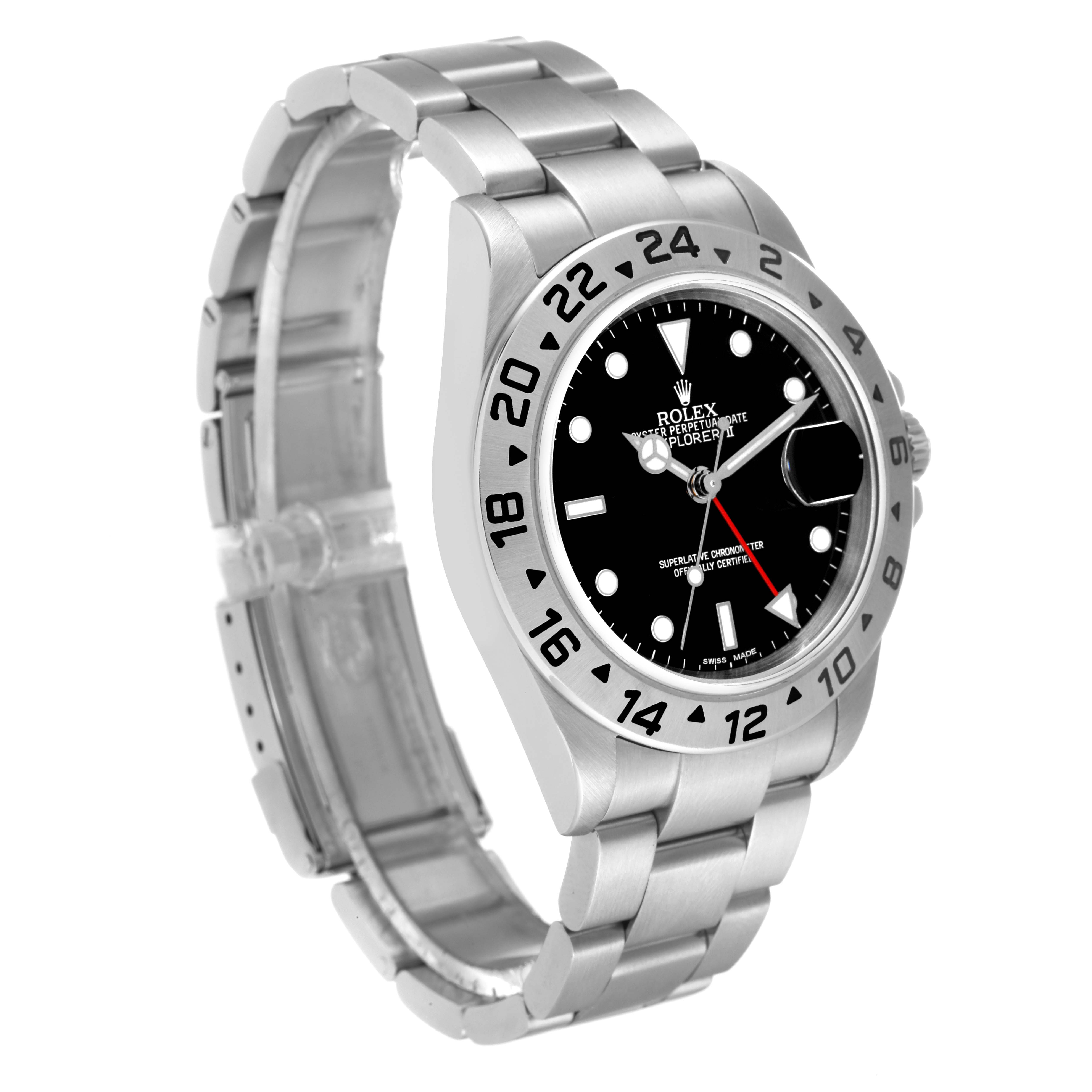 The Rolex Explorer 16570 Men
s Stainless Steel Black Dial 16570 Men
s Stainless Steel Black Dial watch is shown at a slight side angle, displaying its bracelet, bezel, and black dial.
