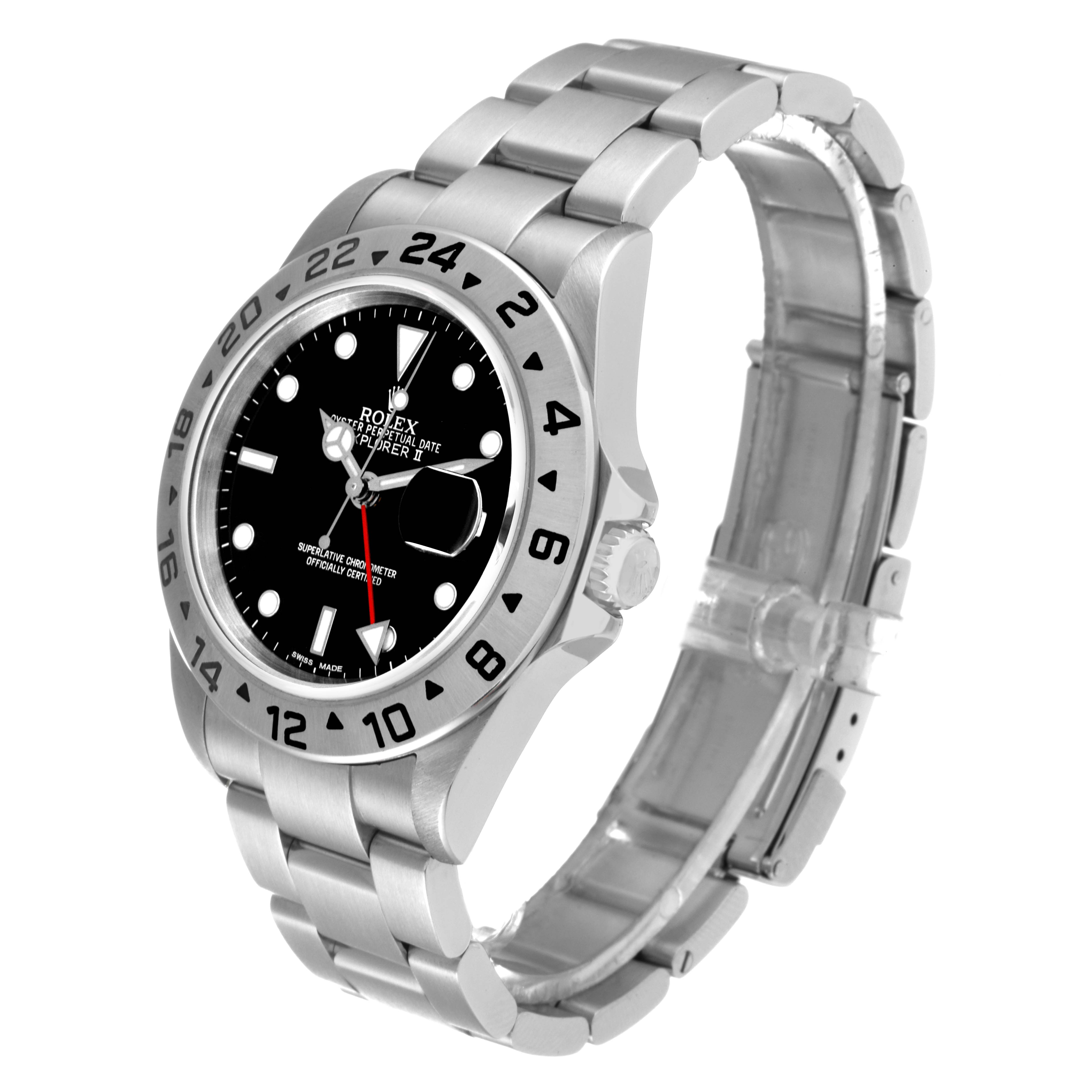 The image shows an angled side view of the Rolex Explorer 16570 Men
s Stainless Steel Black Dial 16570 Men
s Stainless Steel Black Dial watch, featuring its stainless steel bracelet, bezel, crown, and dial.