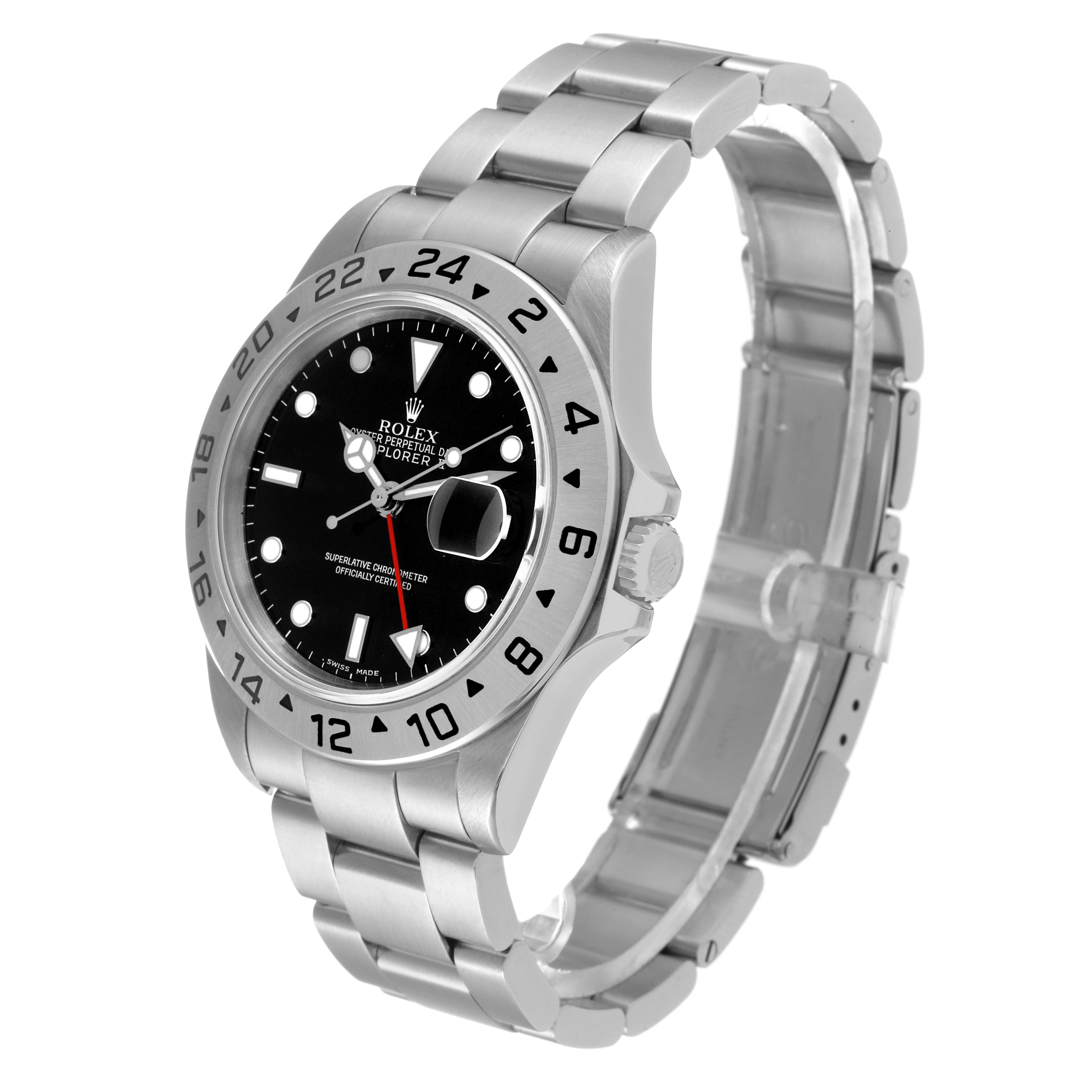 The image shows a Rolex Explorer 16570 Men's Stainless Steel Black Dial 16570 Men's Stainless Steel Black Dial watch at an angle highlighting the dial, bezel, bracelet, and side crown.