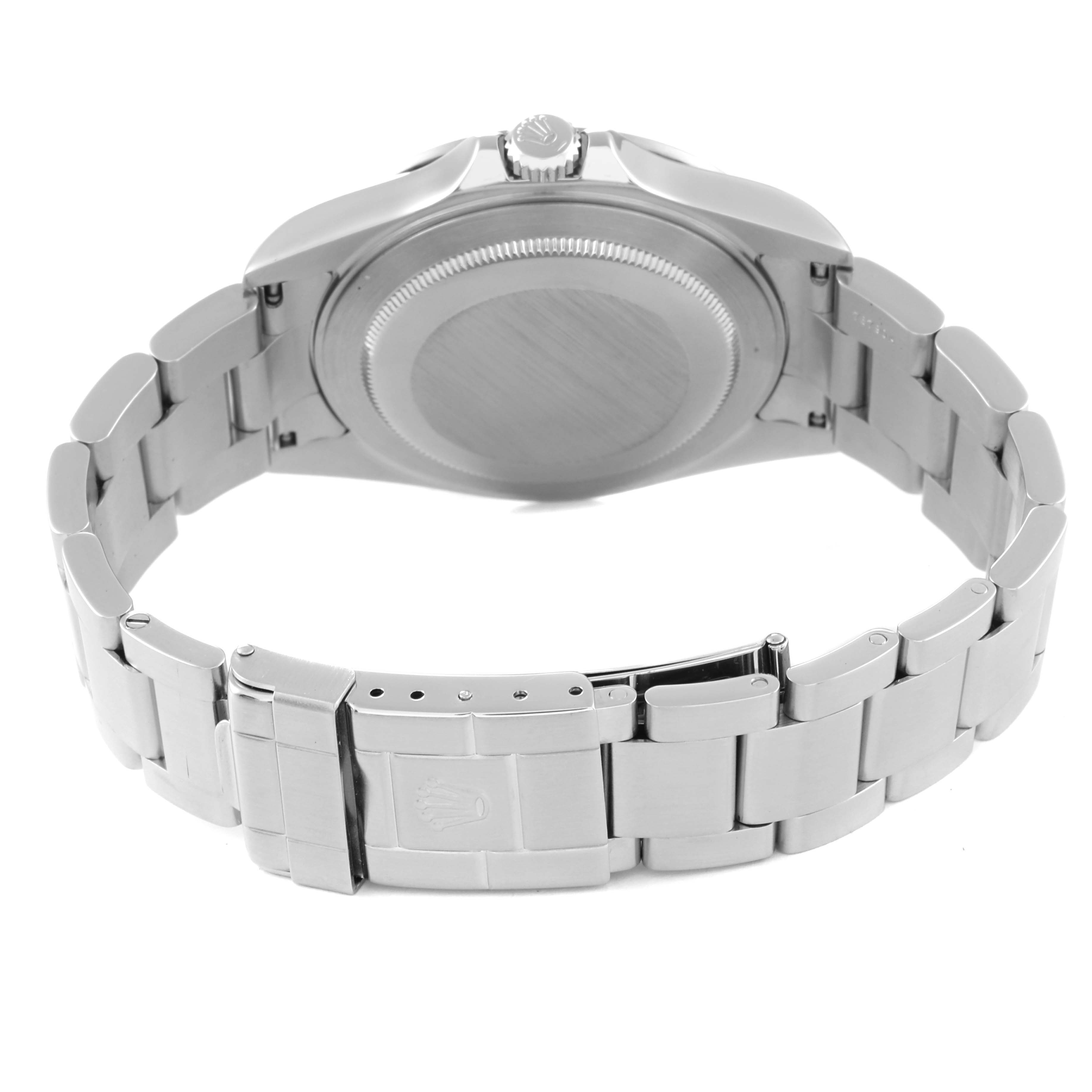 The image shows the back and bracelet of a Rolex Explorer 16570 Men's Stainless Steel Black Dial 16570 Men's Stainless Steel Black Dial watch, viewed from a low angle.