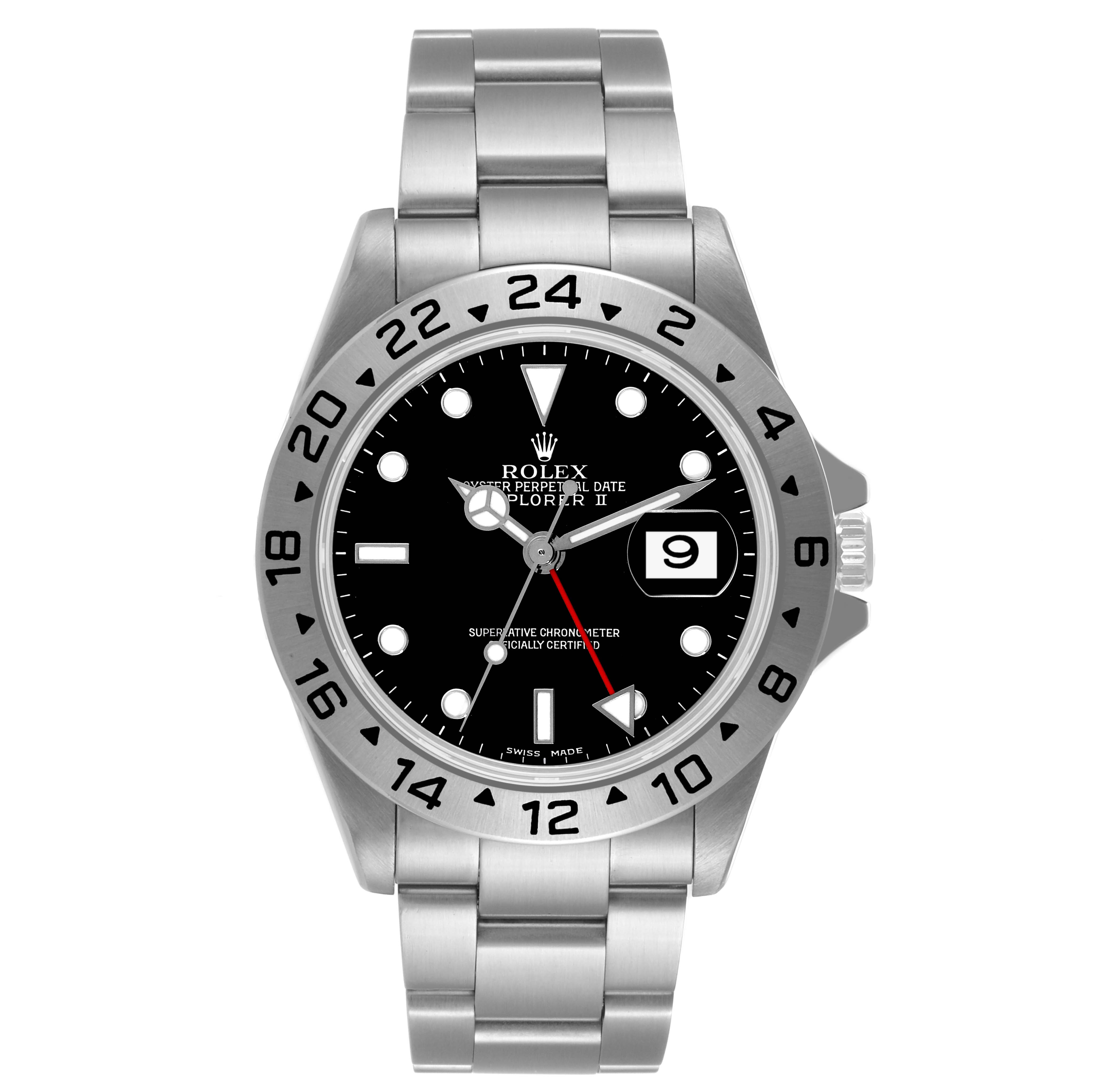 The image shows a front view of a Rolex Explorer 16570 Men's Stainless Steel Black Dial 16570 Men's Stainless Steel Black Dial watch, detailing the face, bezel, and bracelet.