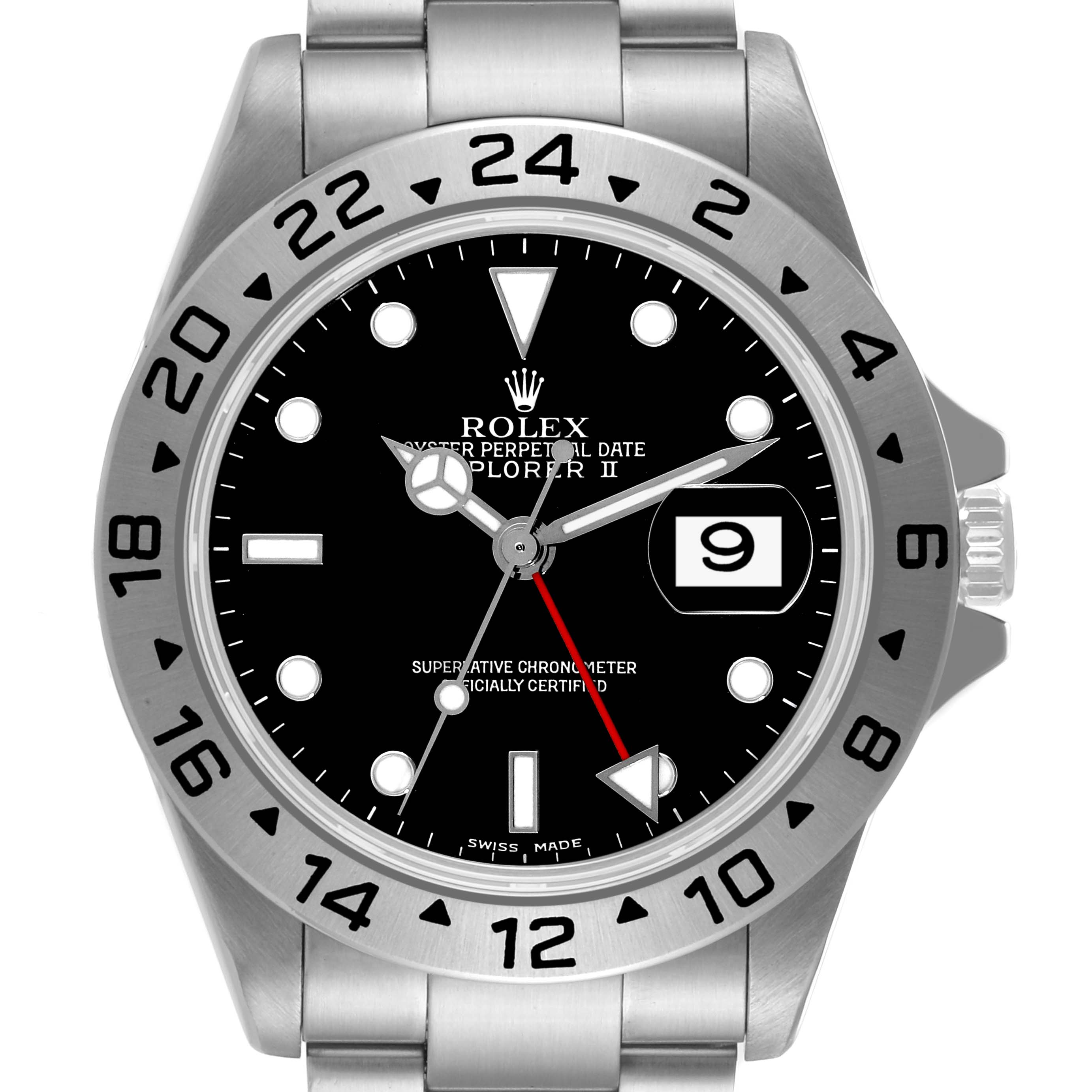 The Rolex Explorer 16570 Men's Stainless Steel Black Dial 16570 Men's Stainless Steel Black Dial watch is shown from a top view, highlighting its face, bezel with 24-hour markings, and bracelet.