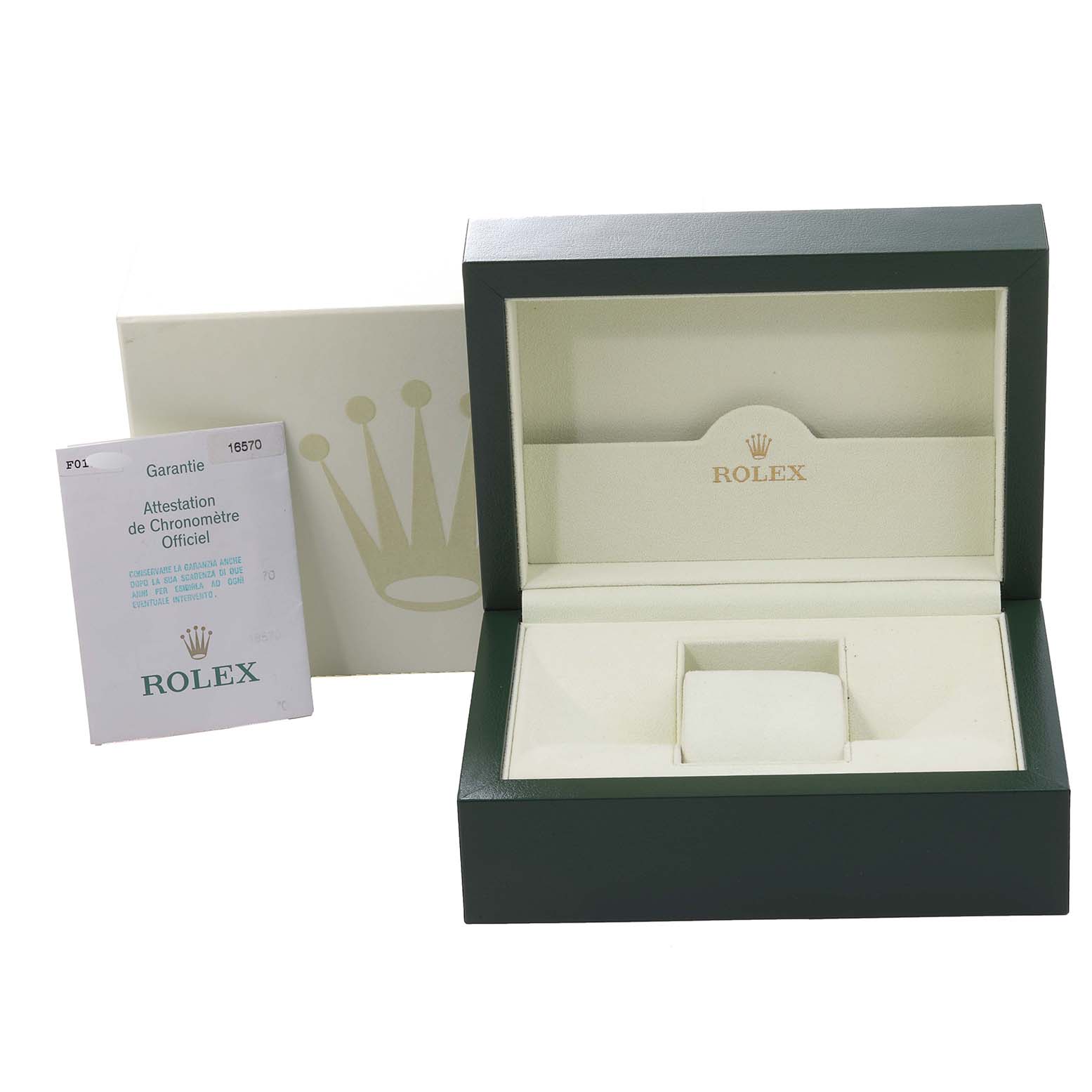 This image shows the box packaging and documentation for a Rolex Explorer 16570 Men's Stainless Steel Black Dial 16570 Men's Stainless Steel Black Dial watch.