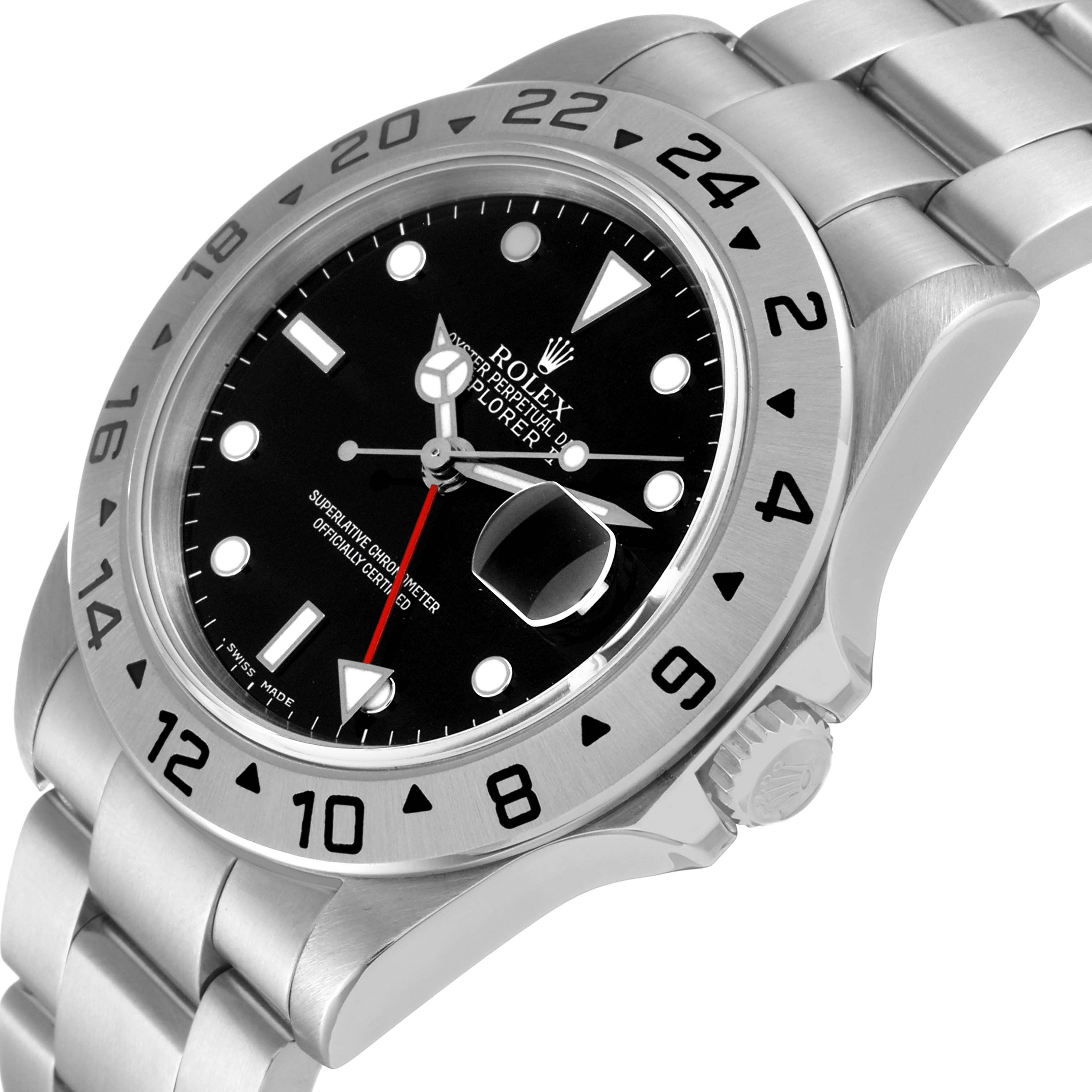 The image shows a close-up, angled view of the Rolex Explorer 16570 Men's Stainless Steel Black Dial 16570 Men's Stainless Steel Black Dial watch, highlighting its bezel, crown, bracelet, and dial.