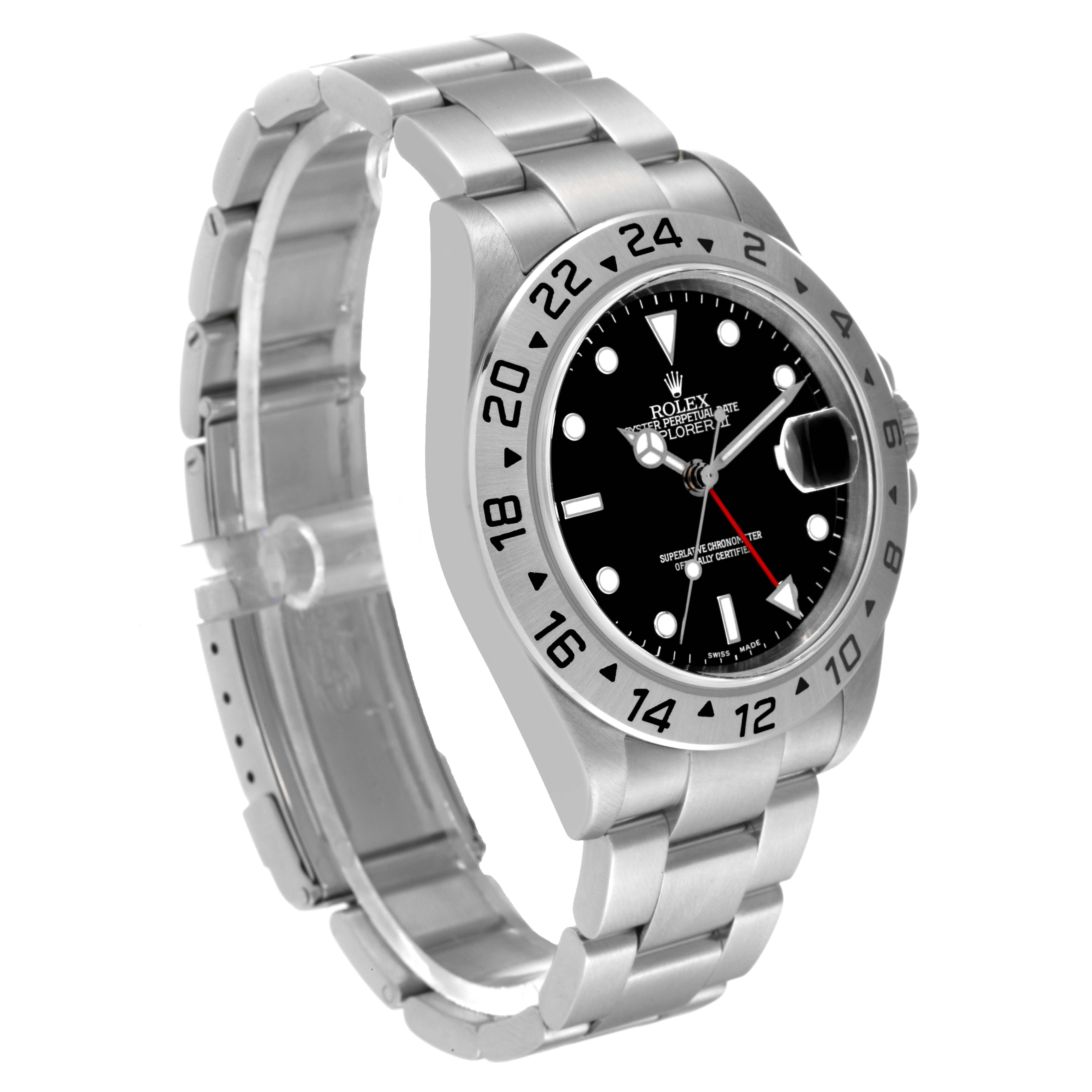 The image shows a Rolex Explorer 16570 Men's Stainless Steel Black Dial 16570 Men's Stainless Steel Black Dial watch from an angled side view, displaying its bezel, bracelet, and dial.