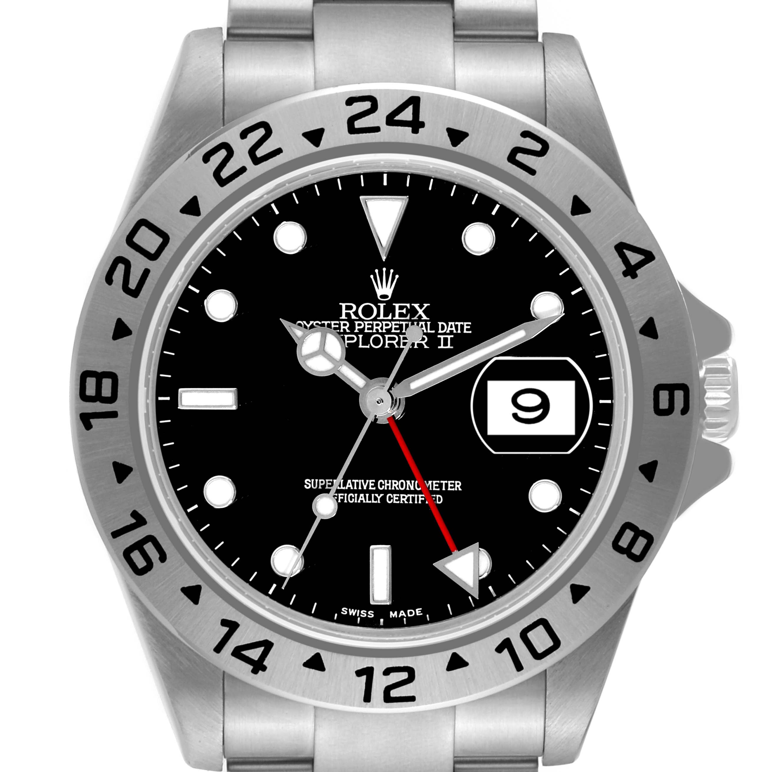 This image shows a front view of a Rolex Explorer 16570 Men's Stainless Steel Black Dial 16570 Men's Stainless Steel Black Dial watch, displaying the dial, hands, bezel, and bracelet.