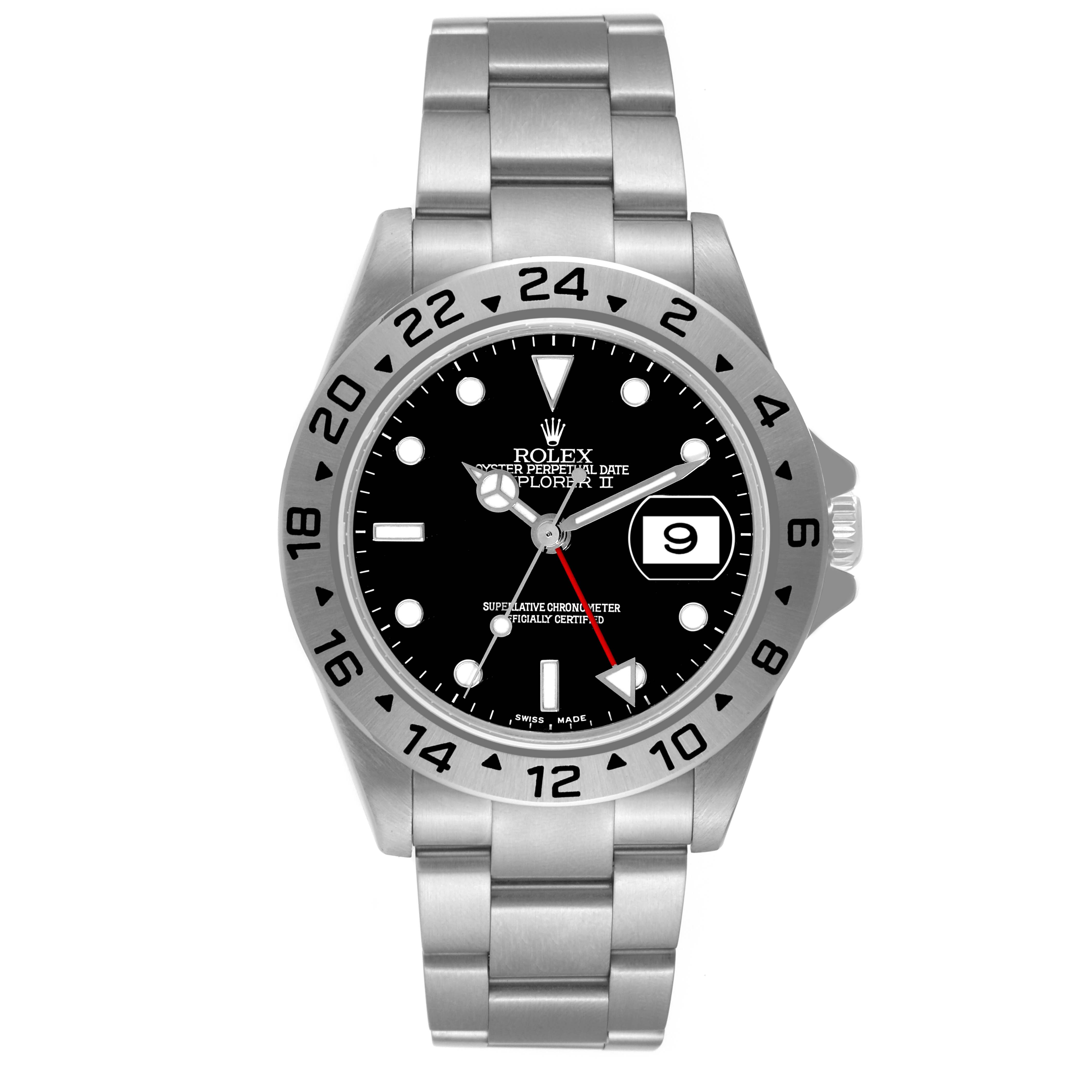 This image shows a front view of a Rolex Explorer 16570 Men's Stainless Steel Black Dial 16570 Men's Stainless Steel Black Dial watch, highlighting the dial, hands, bezel, and bracelet.