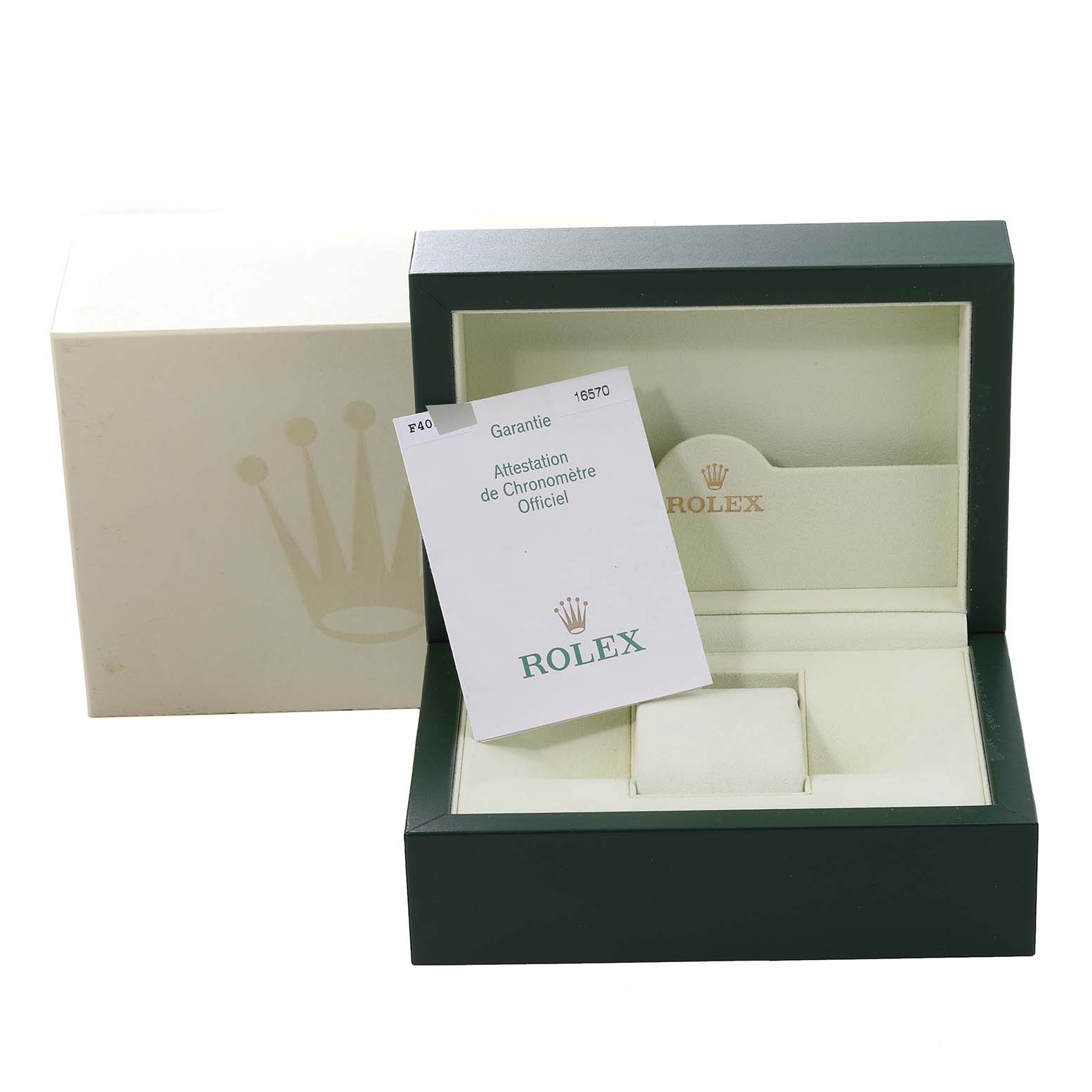 The image shows a Rolex Explorer 16570 Men's Stainless Steel Black Dial 16570 Men's Stainless Steel Black Dial watch box, warranty card, and inner and outer packaging from a front angle.