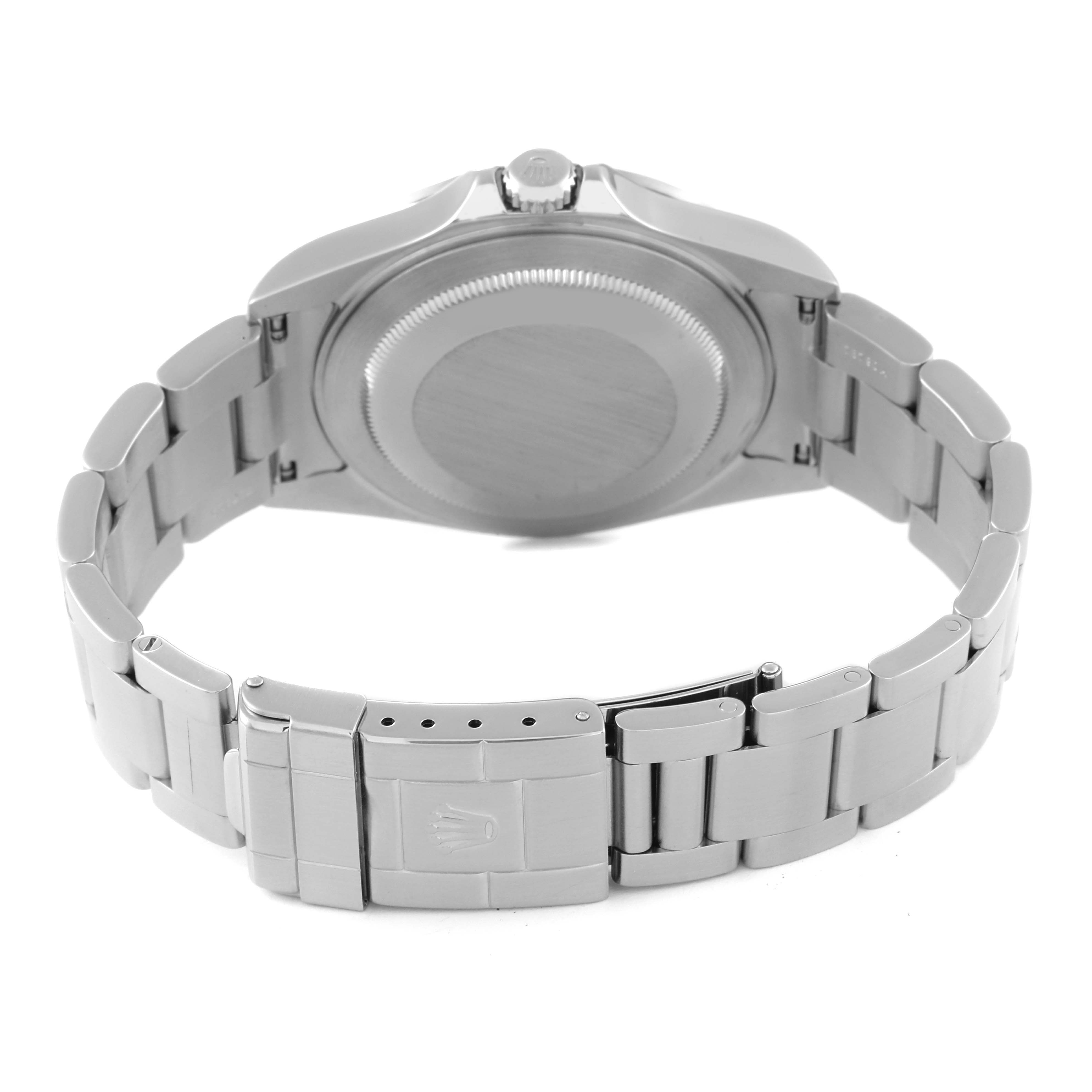 This image shows the back view of a Rolex Explorer 16570 Men's Stainless Steel Black Dial 16570 Men's Stainless Steel Black Dial watch, highlighting the case back and bracelet with the clasp.