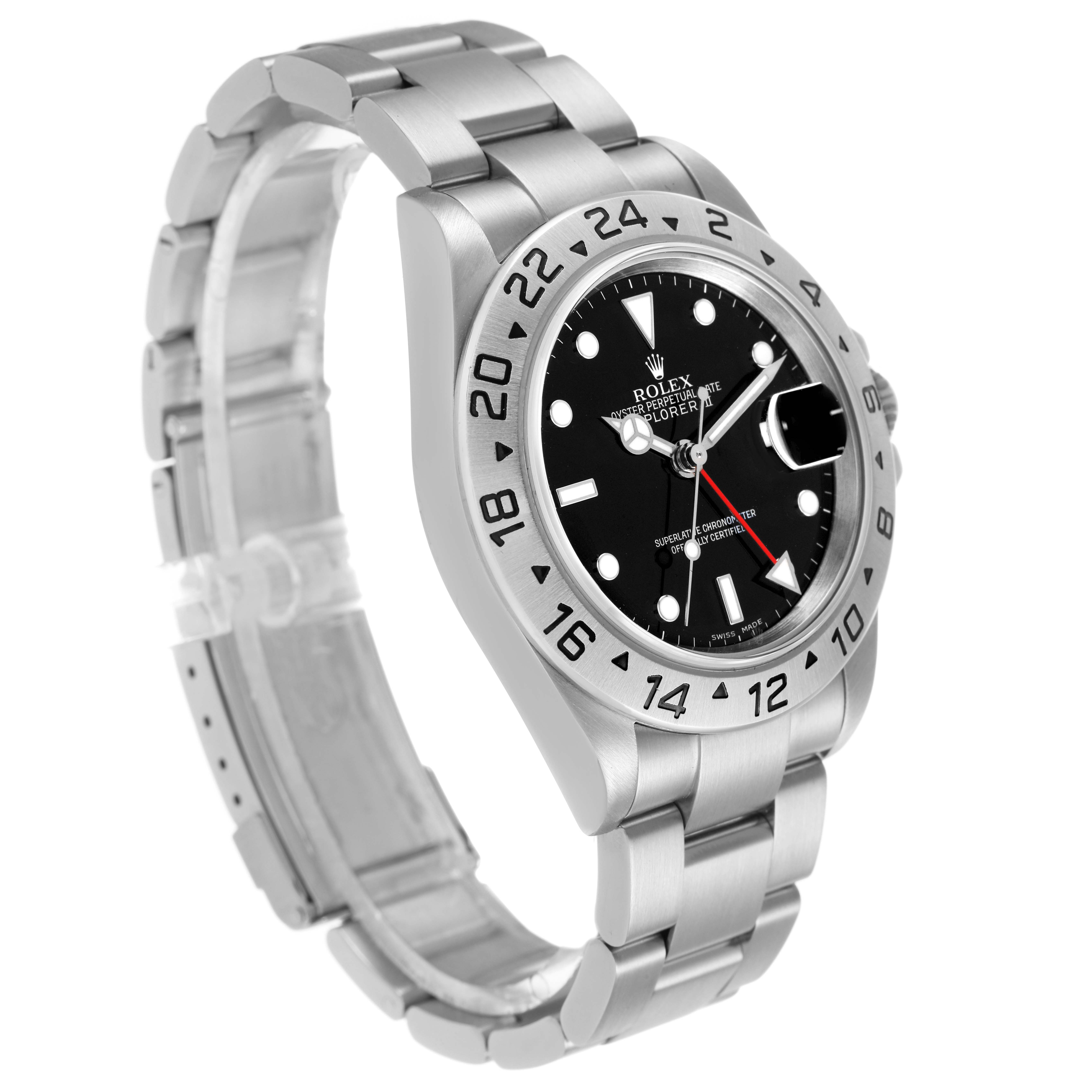 The Rolex Explorer 16570 Men's Stainless Steel Black Dial watch is shown at a three-quarter angle, highlighting the face, bezel, and bracelet.