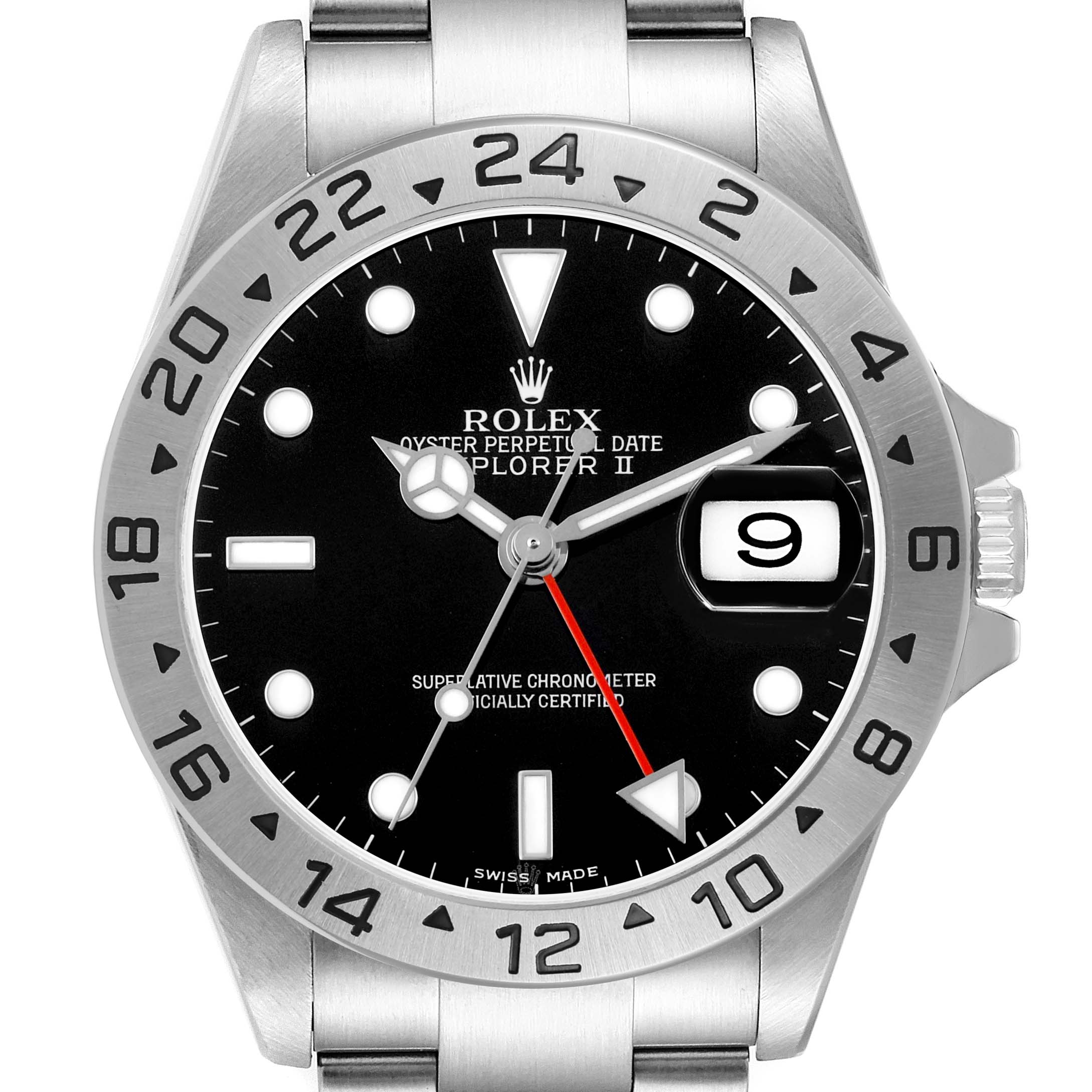 The image shows a frontal view of the Rolex Explorer 16570 Men's Stainless Steel Black Dial II watch, highlighting its bezel, dial, and date window.