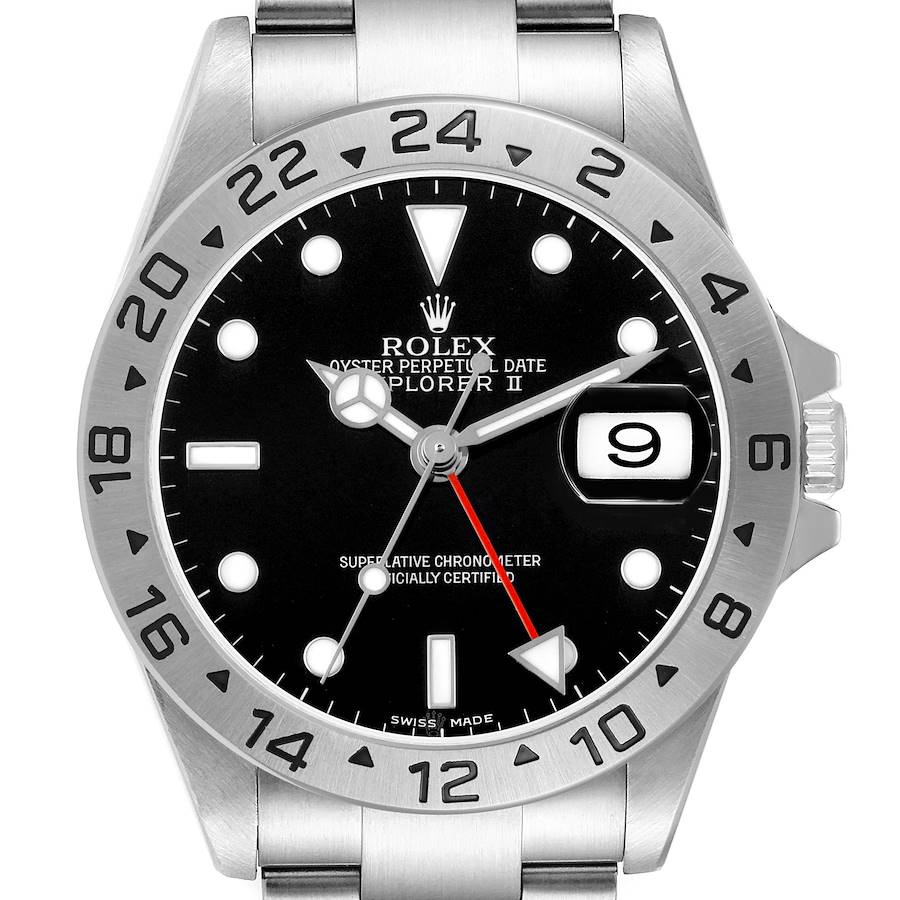 The image shows a frontal view of the Rolex Explorer 16570 Men's Stainless Steel Black Dial II watch, highlighting its bezel, dial, and date window.
