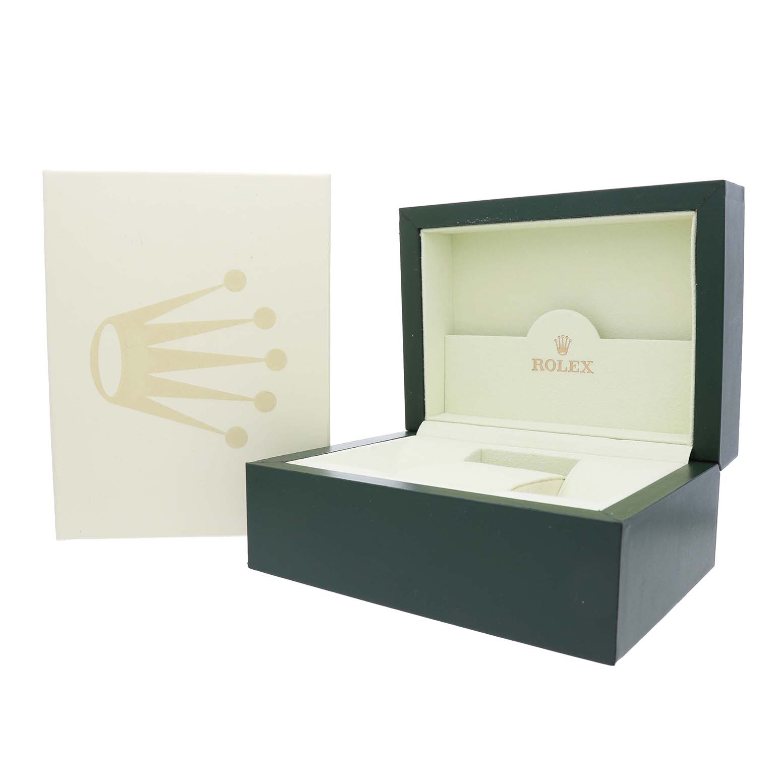 The image shows an open Rolex Explorer 16570 Men's Stainless Steel Black Dial watch box and outer packaging, angled to display the interior and brand logo.
