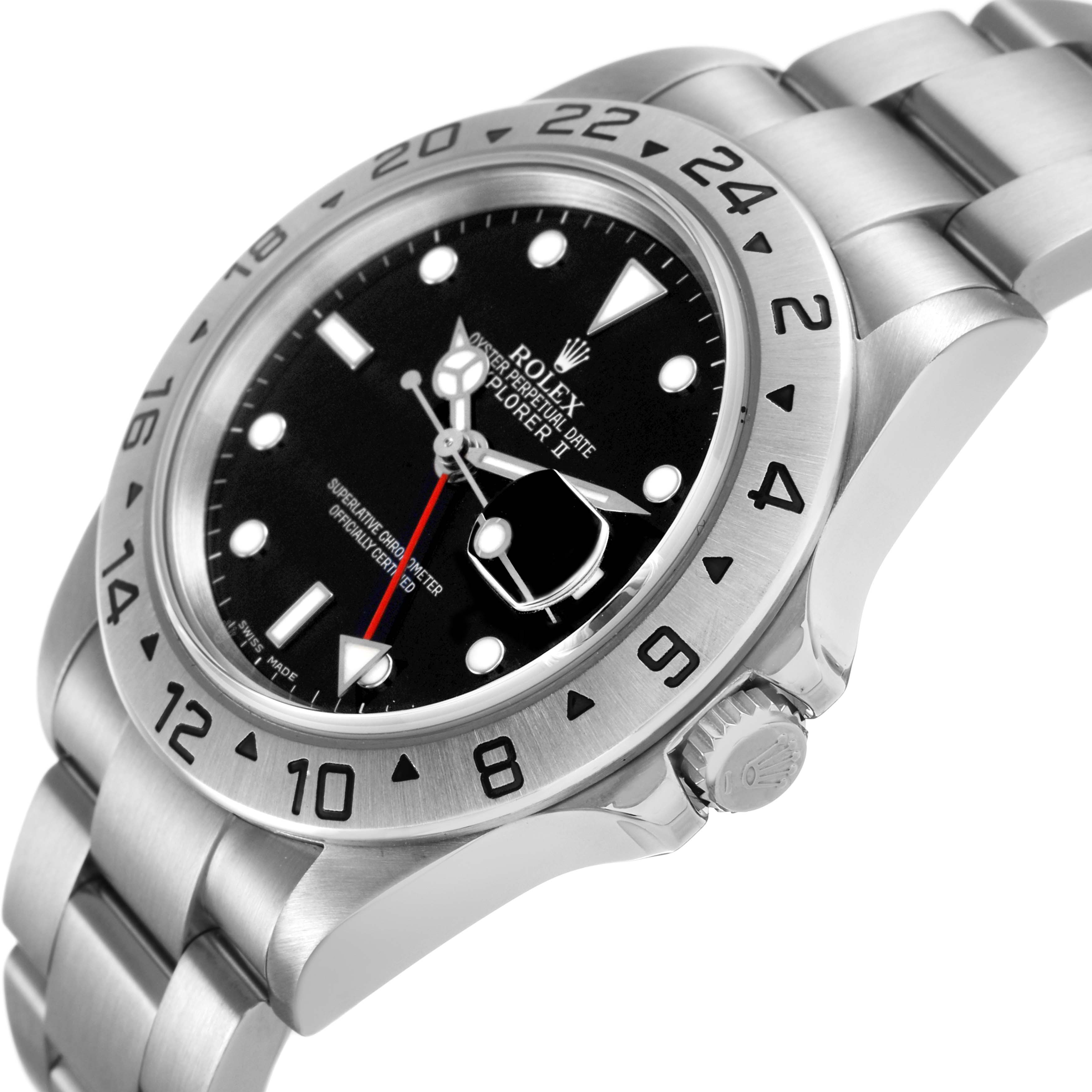 The Rolex Explorer 16570 Men's Stainless Steel Black Dial watch is shown at a side angle, highlighting the bezel, dial, bracelet, and crown.